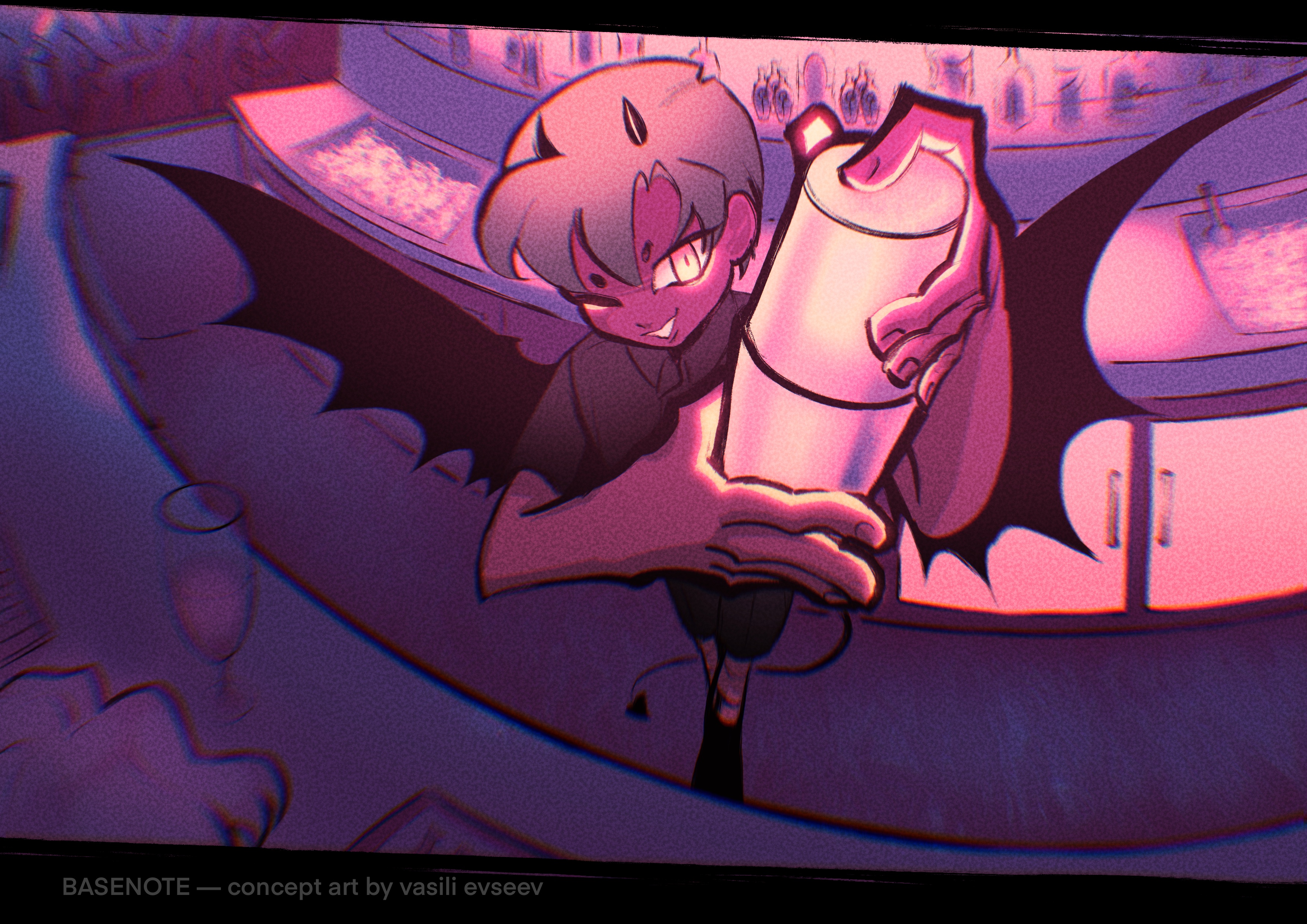 A conceptual digital artwork of the bartender from BASENOTE, painted in pinks and purples with a focus on the cocktail shaker and character in the behind-the-bar environment.