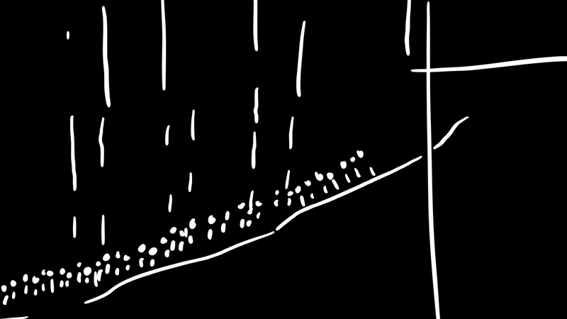 Two versions of the same shot, one is incomplete and black and white, and the other is in full colour and is finished. An elevator descends to the right of the screen with a person relaxing on the edge. They then turn towards the camera and their headlamp washes out the screen in light