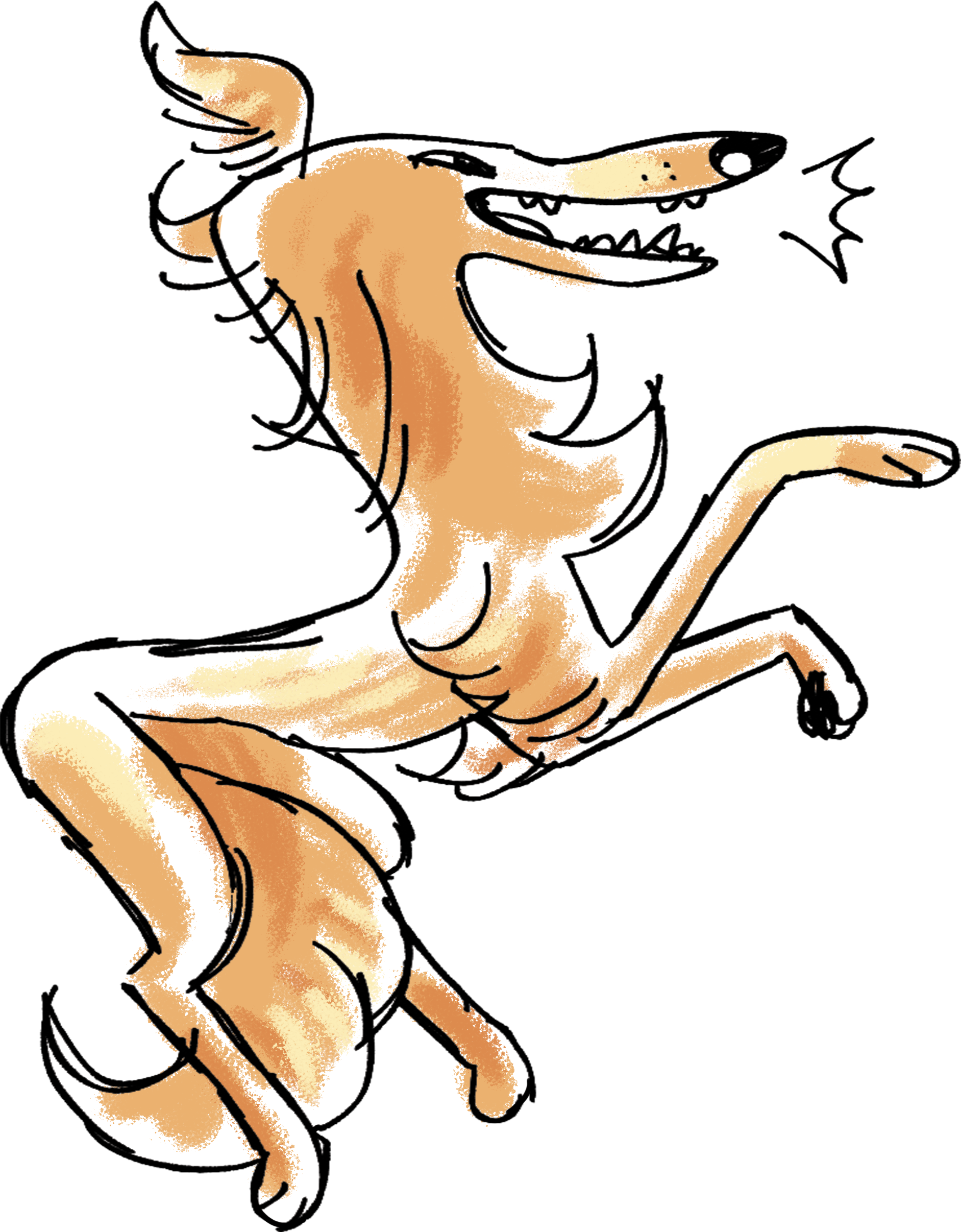 a drawing of a orange-yellow silken windhound jumping and barking