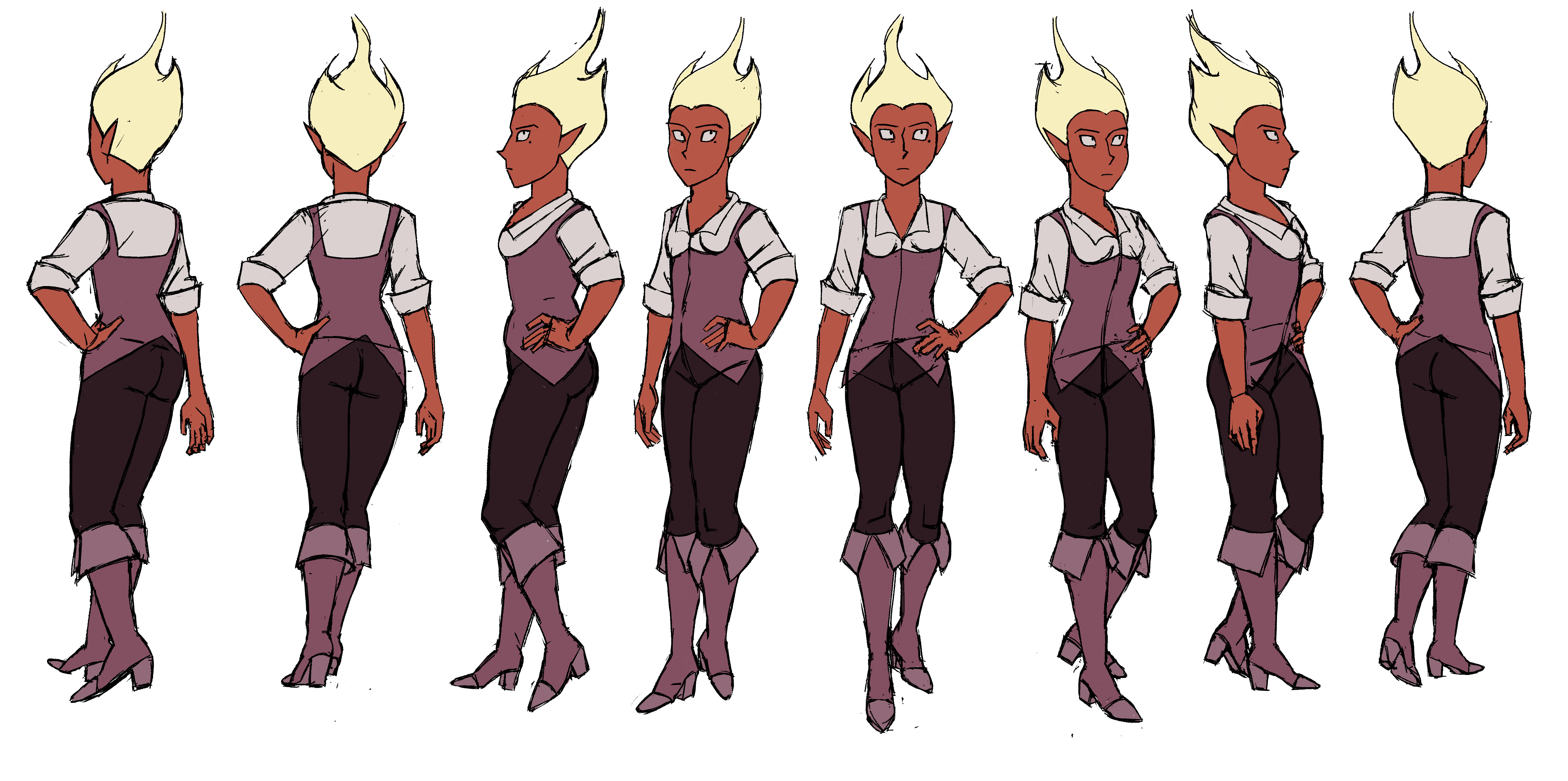 a drawing of a character with red skin and firey hair in various angles