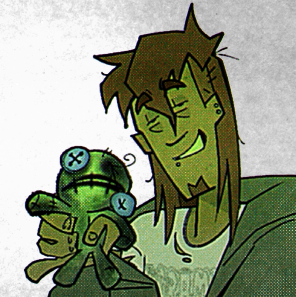 Stylized drawing of a character holding up a ragdoll