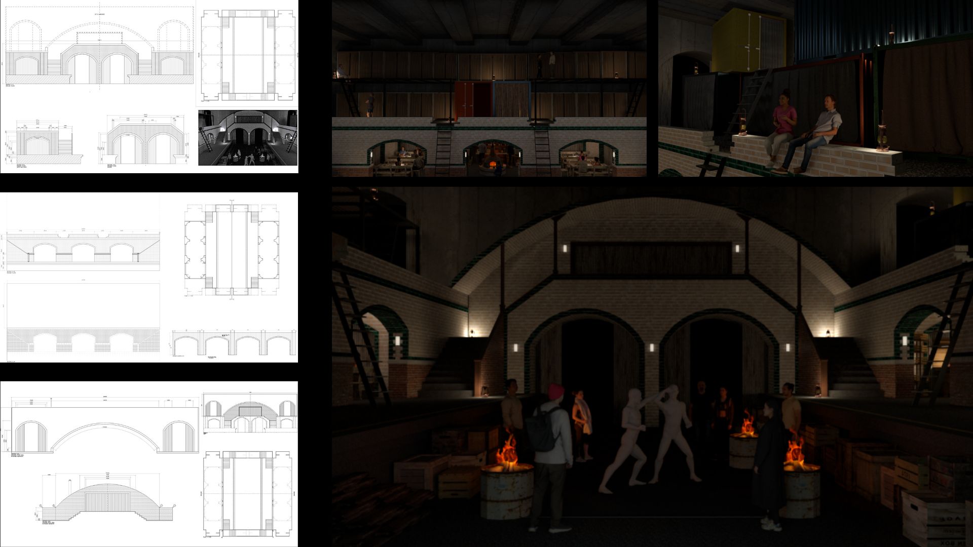 Construction drawings and 3D render for set build: College Enclave