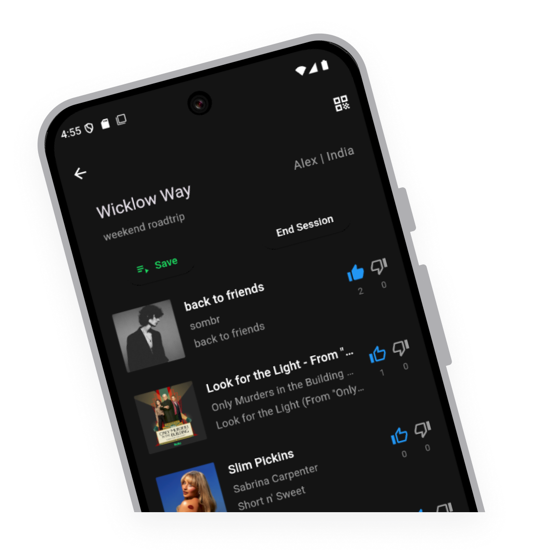 mobile app UI of a playlist with track titles and album art