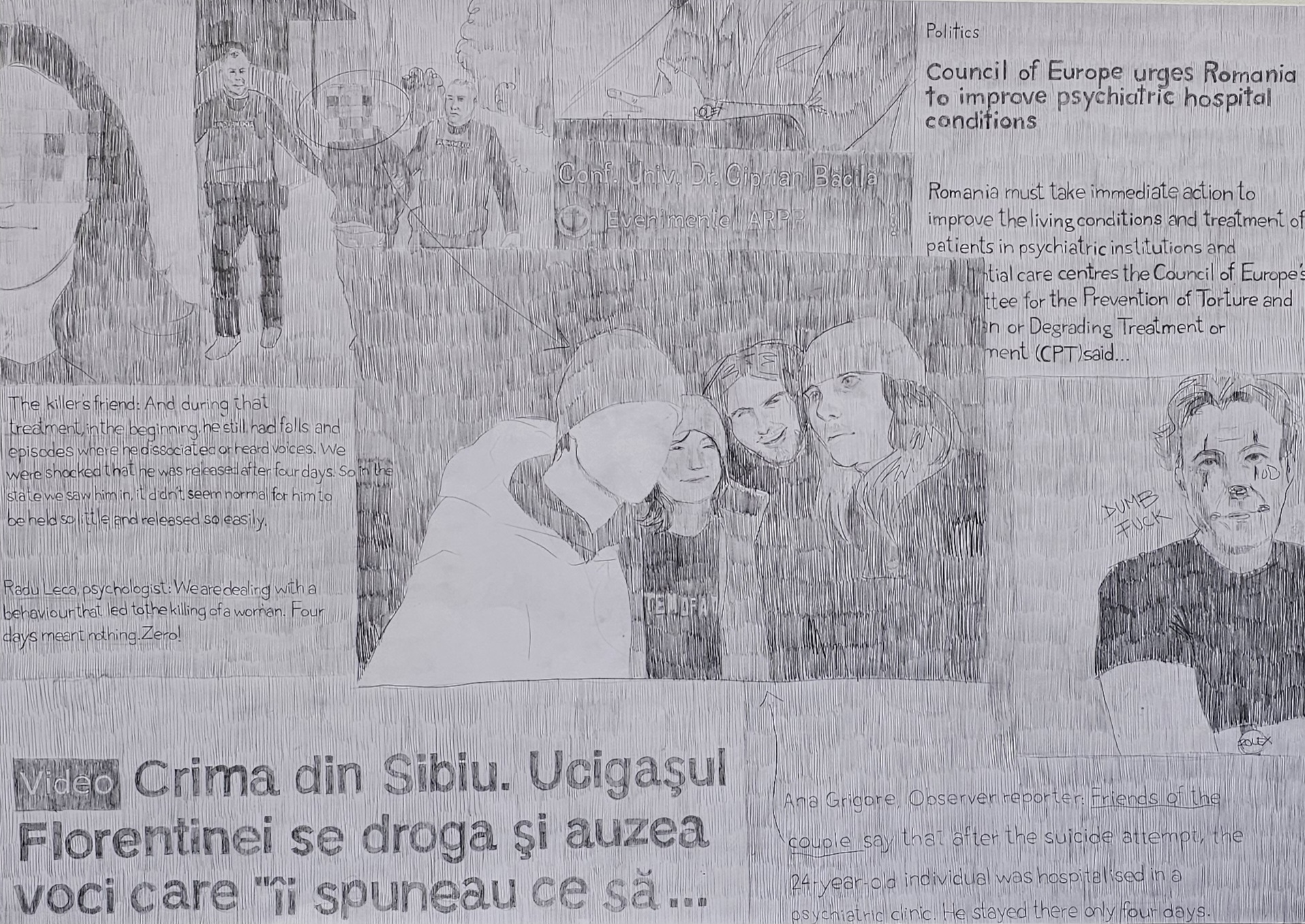 A drawn out collage containing text in both Romanian and English, journal articles, photos from an arrest, a friend group with one person's face blank, a person with clown makeup drawn on