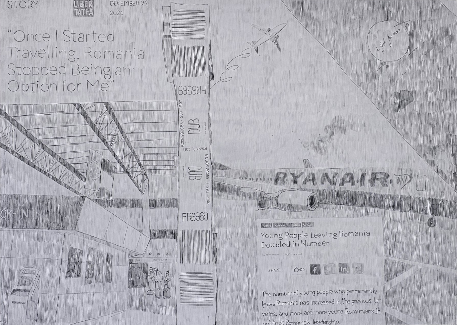 A drawn out collage containing text in English, a luggage tag, two planes, an airport terminal, two articles about Romanians emigrating, a pole with a sticker with Romanian cursive on it