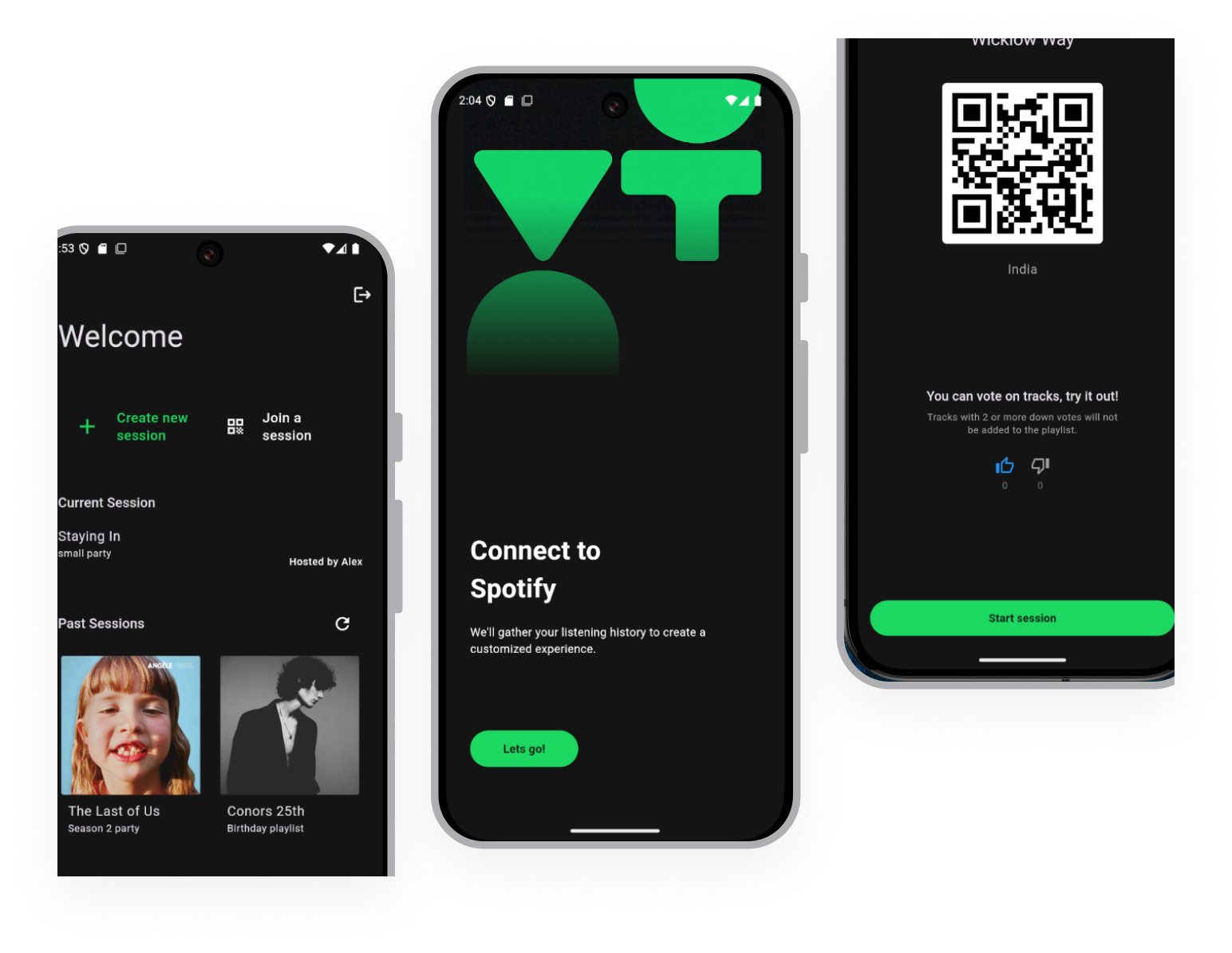 three app screens, homescreen, Spotify connect screen and a join screen with a QR code