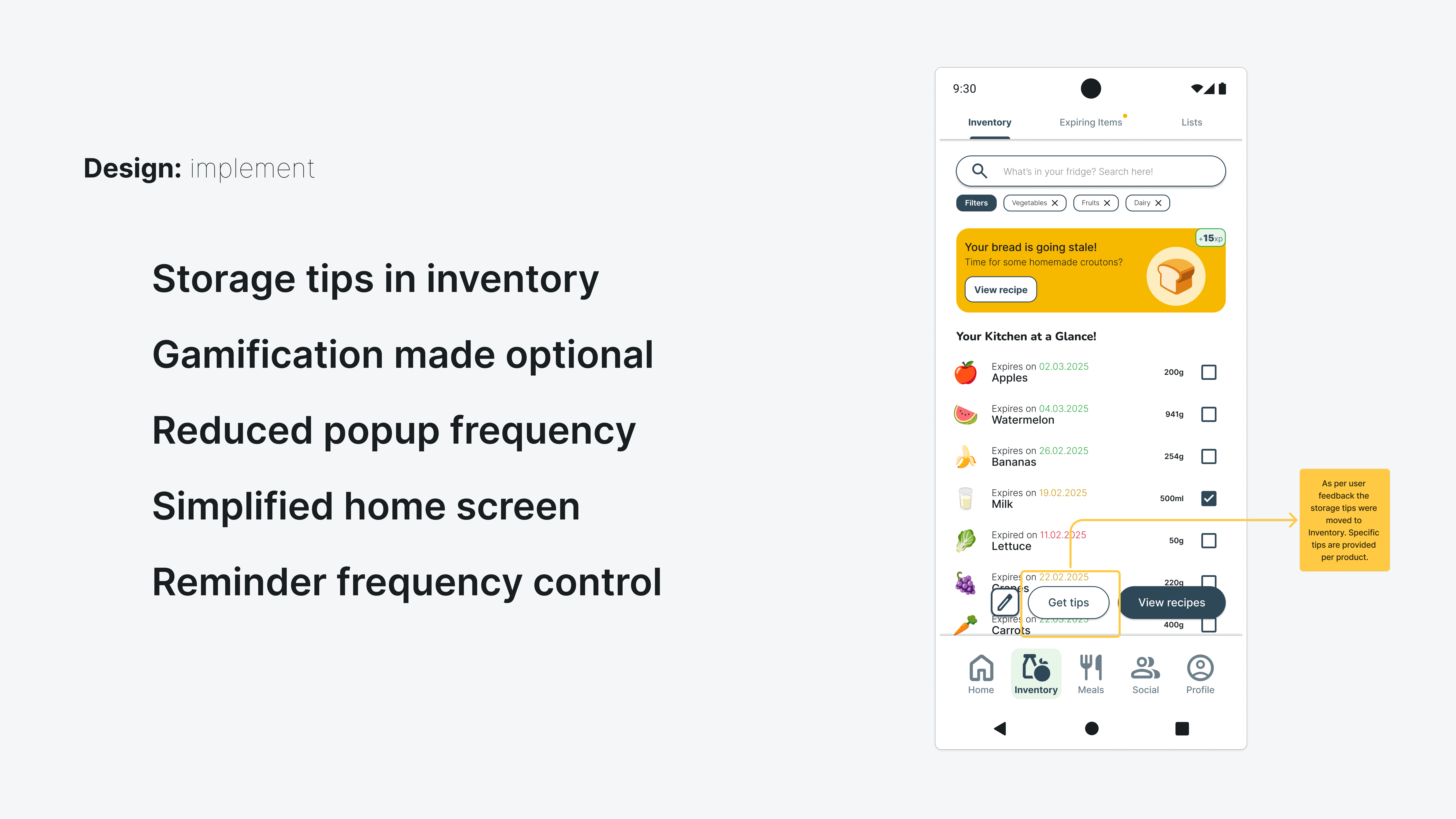 This image shows a screen form the Savr app with notes based on user feedback with possible beneficial amendments.