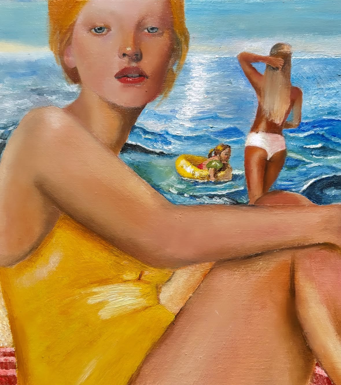 'Beach Bodies', 2025. Oil on wood, 24x29cm.