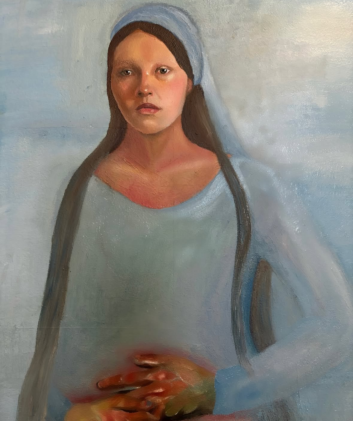 'Blue Tales', 2025. Oil on wood, 59.4 x 42cm