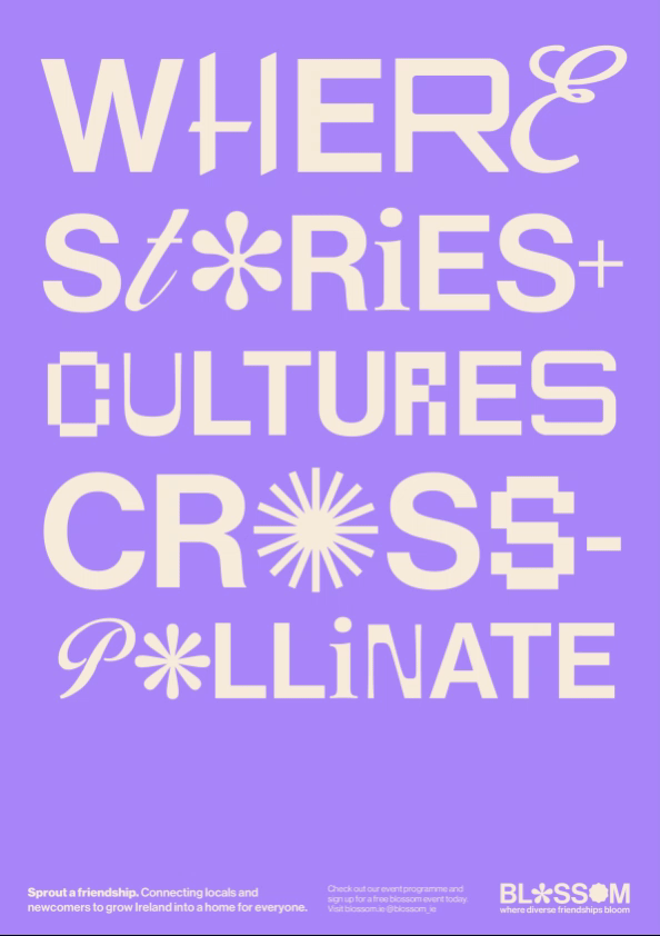 Purple poster with large mixed-font typography reading "Where stories + cultures cross-pollinate".