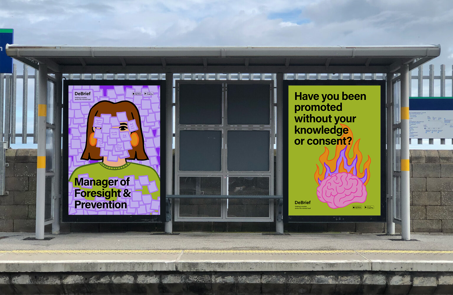 DART stop with poster with 2 posters. The first shows a woman covered in sticky notes and the text "Manager of Foresight & Prevention." The second poster features and a brain on fire with the text "Have you been promoted without your knowledge or consent?"