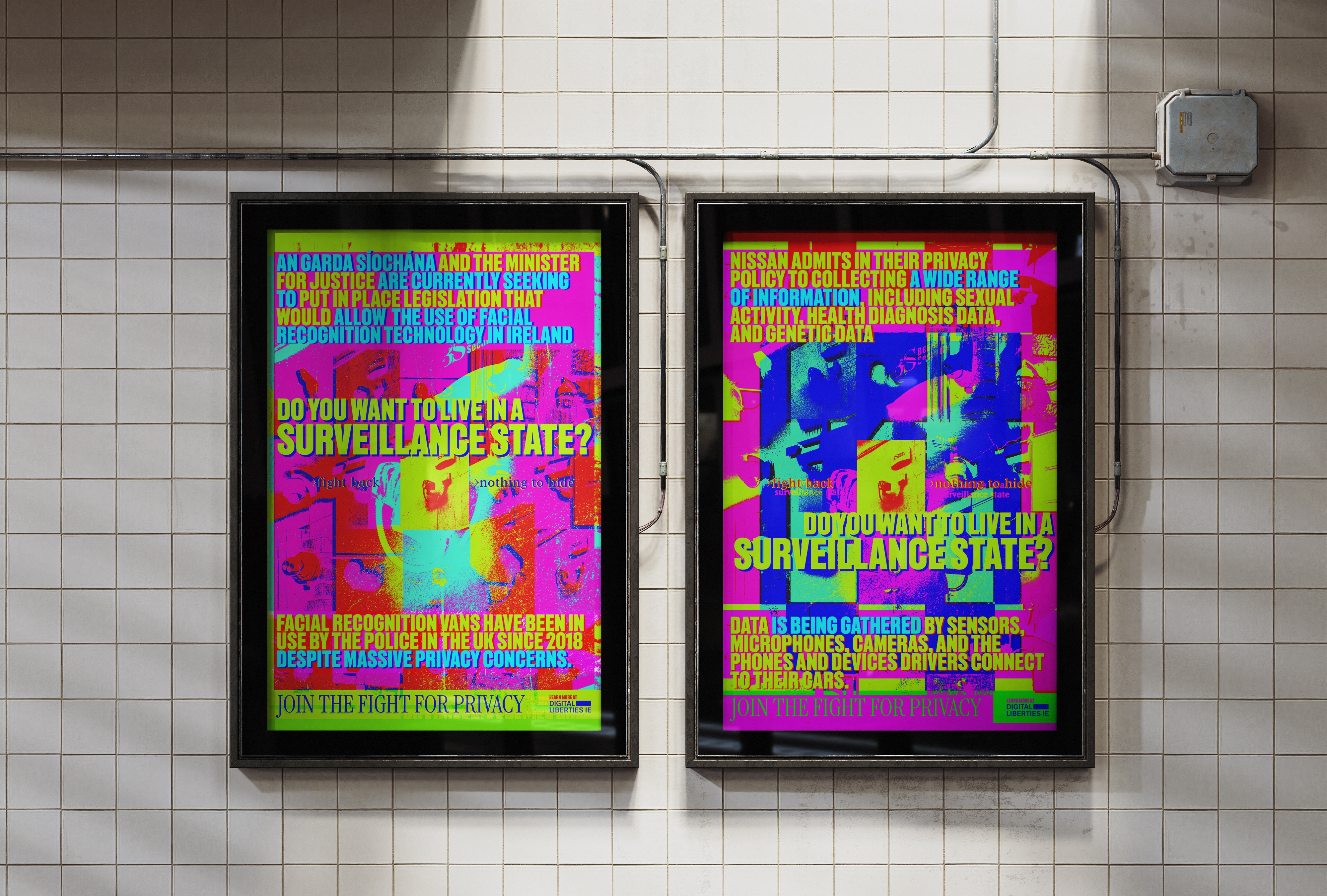 Two brightly coloured posters depicting stylised cctv cameras with the question "Do you want to live in a surveillance state?" on them on a tiled wall
