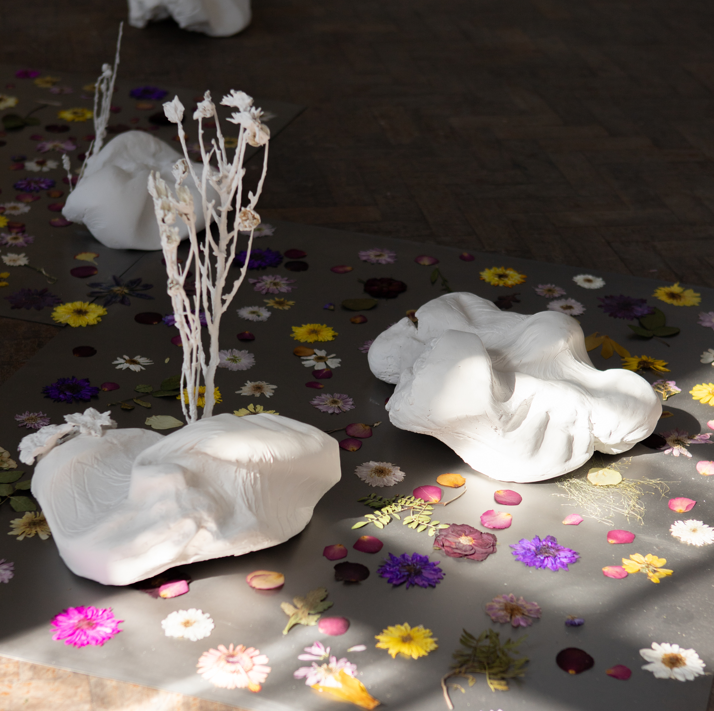 Deva Cervera, 'Bodies in Suspension', 2025. Plaster, mild steal, flowers, audio. 230x 210cm, 1,03min