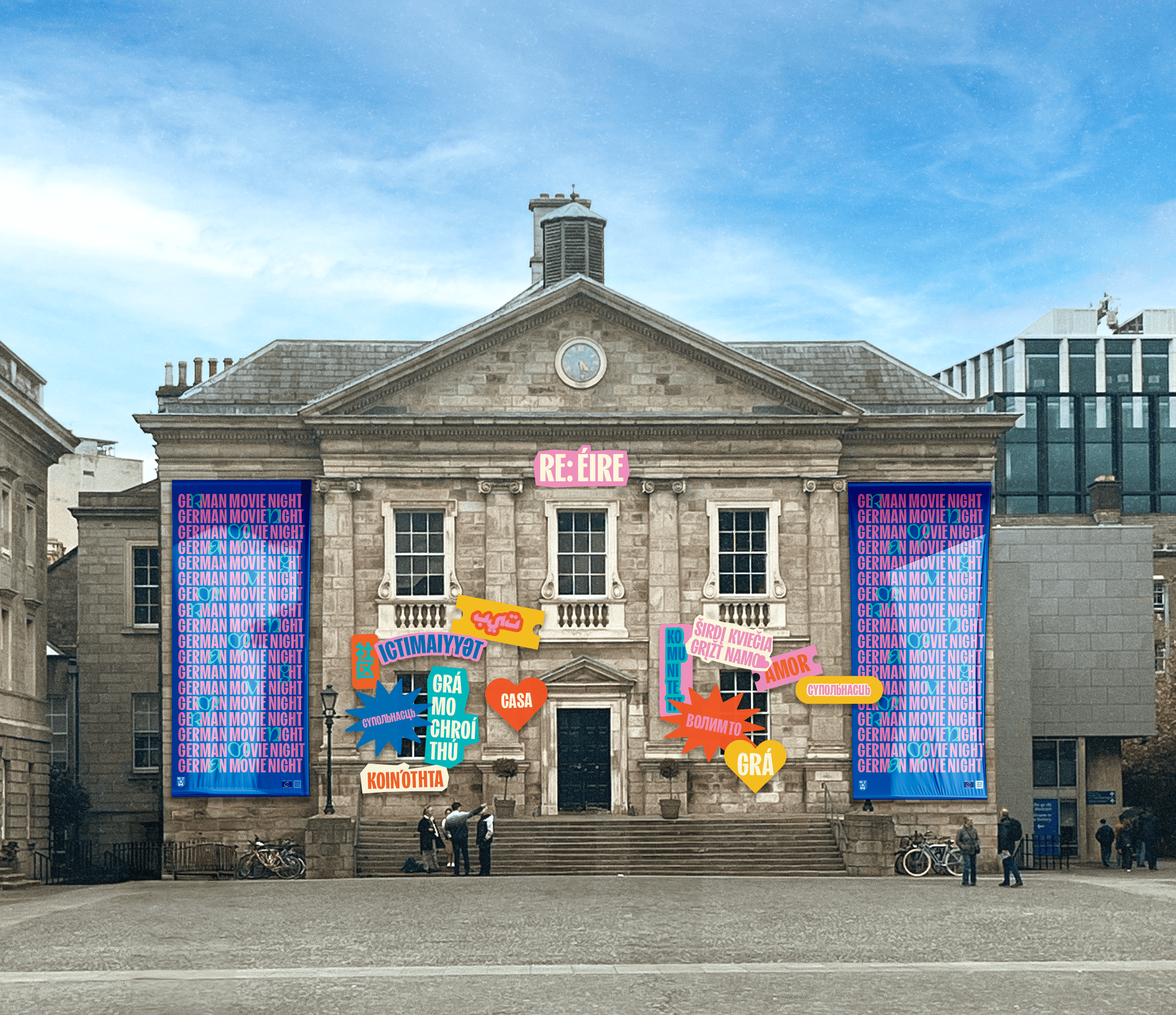 A building in Trinity college decorated for an event - German movie night.