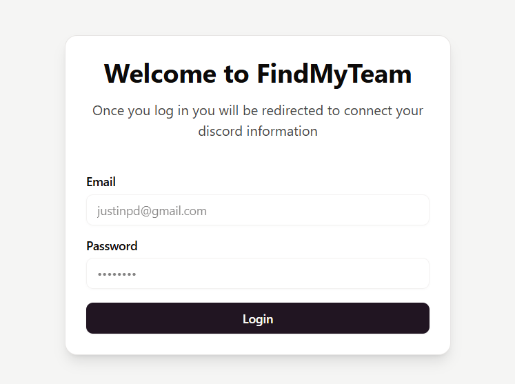 Login Page for findmyteam