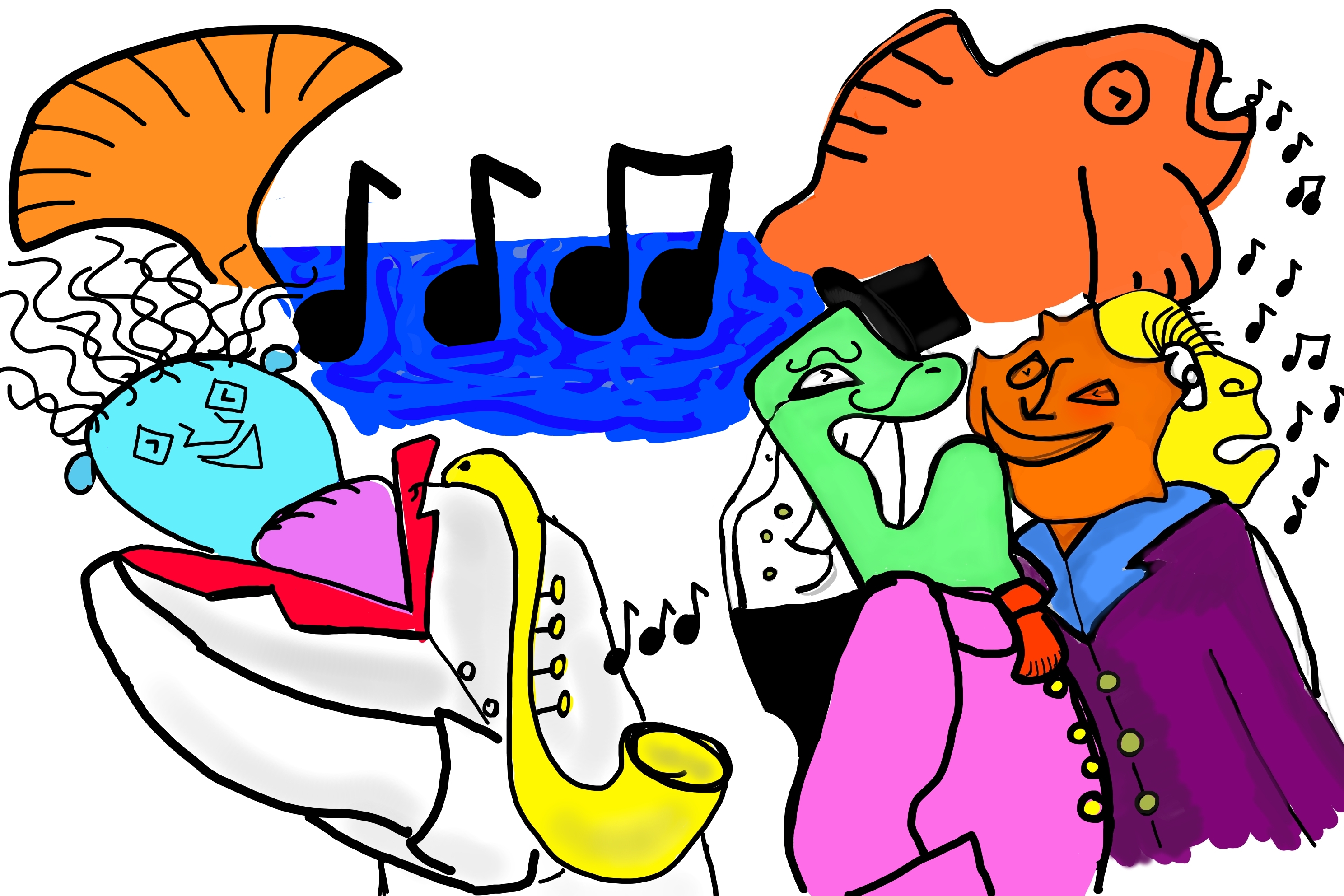 Here we have a group that is engaging with each other. they look diffrent but act the same. One figure the fish is trying to join in but is too diffrent to be accepted. its symbolises that being unique can lead to isolation even when you want to belong