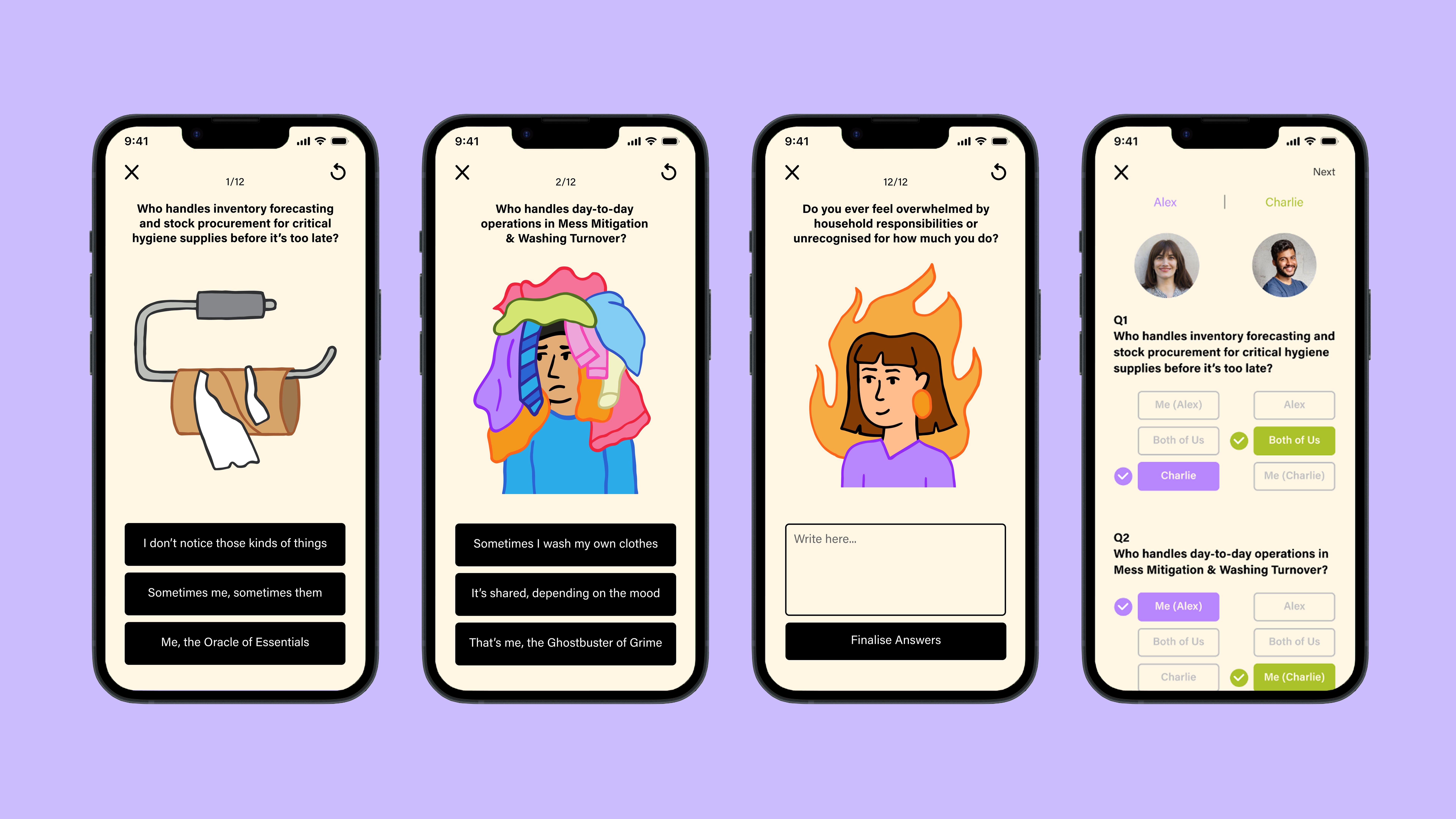 Mental load quiz app screens