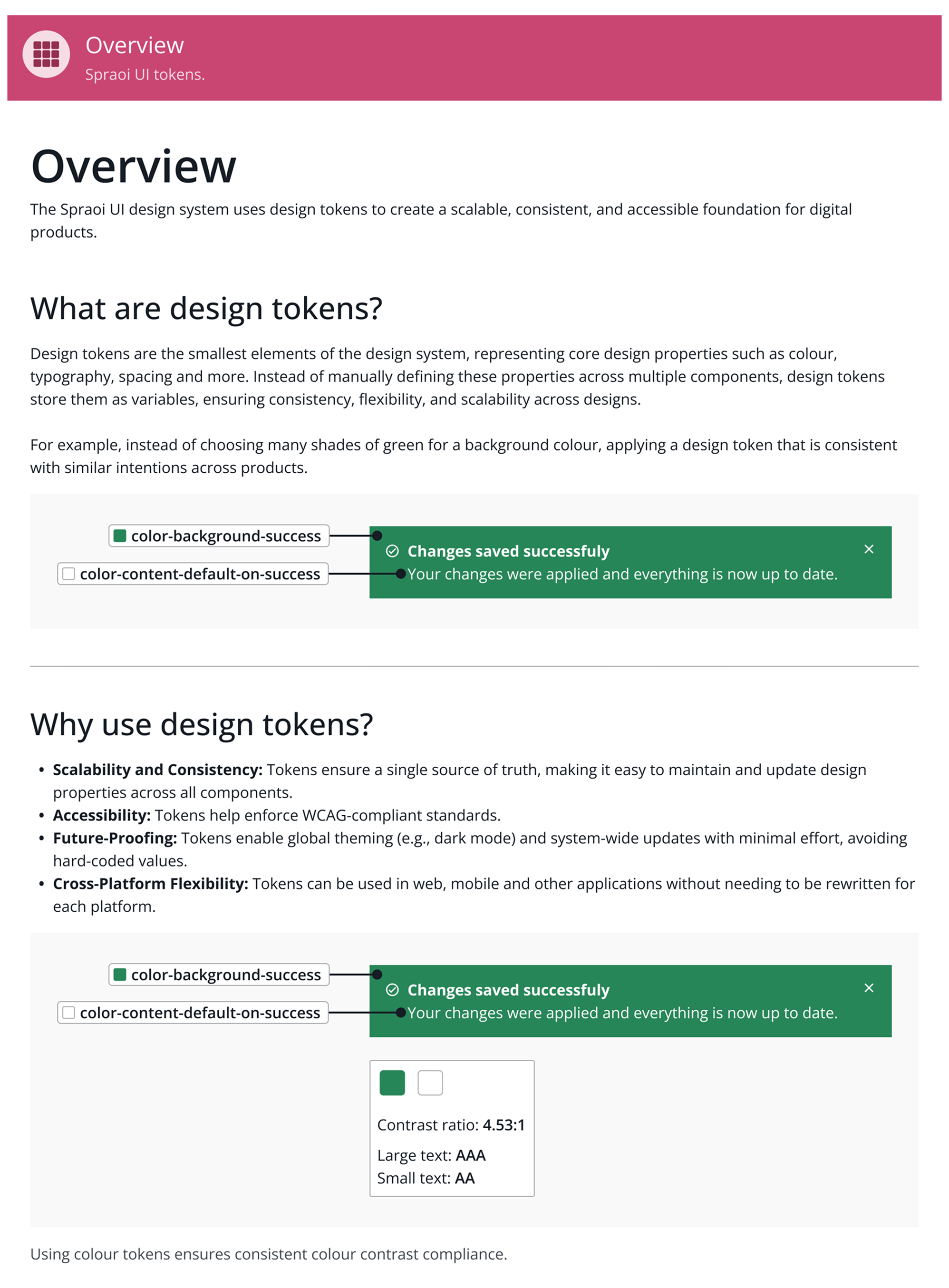 Screenshot of the overview section from the token documentation, introducing the purpose and structure of the design token system.