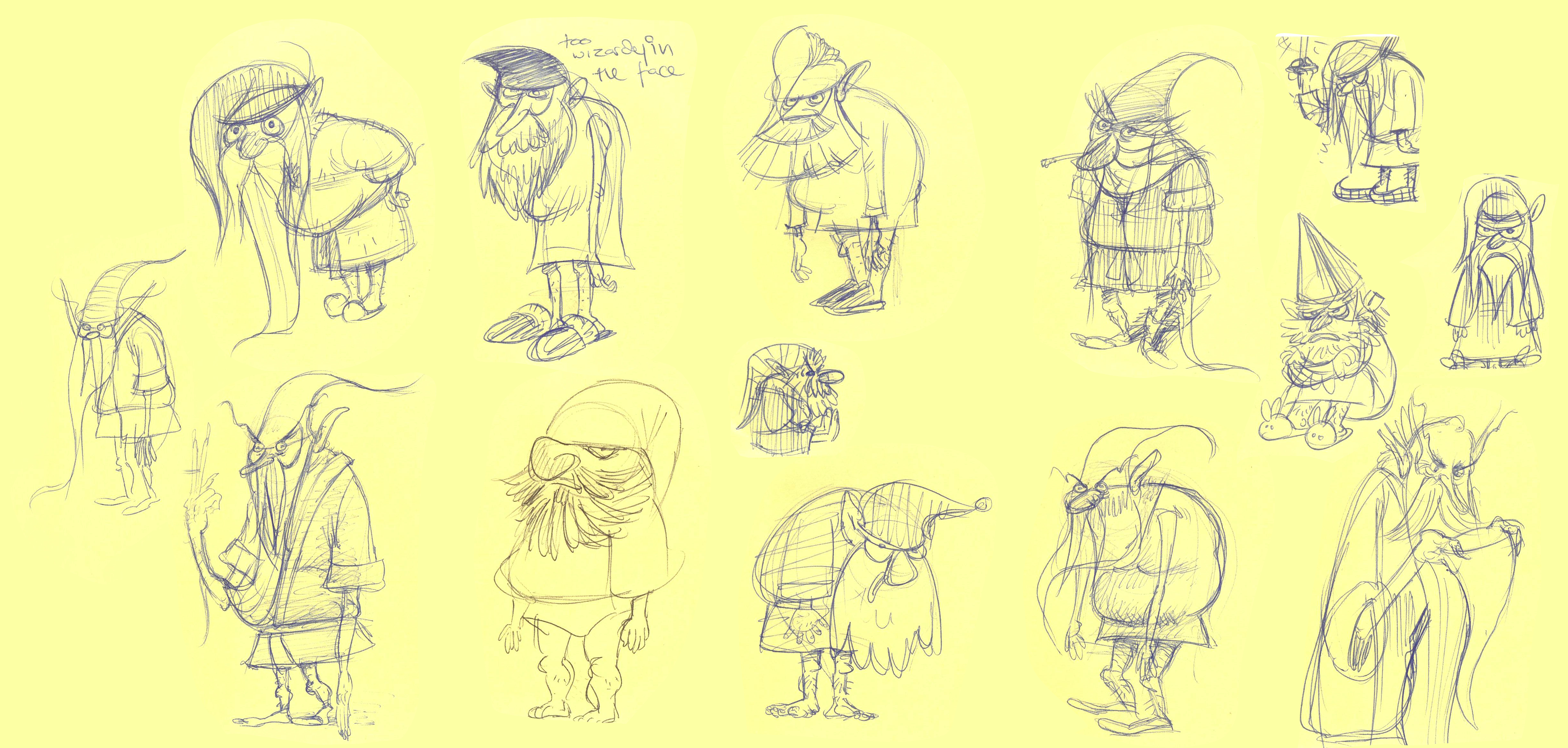 Various sketches of wizardy and gnome like characters on a yellow background.