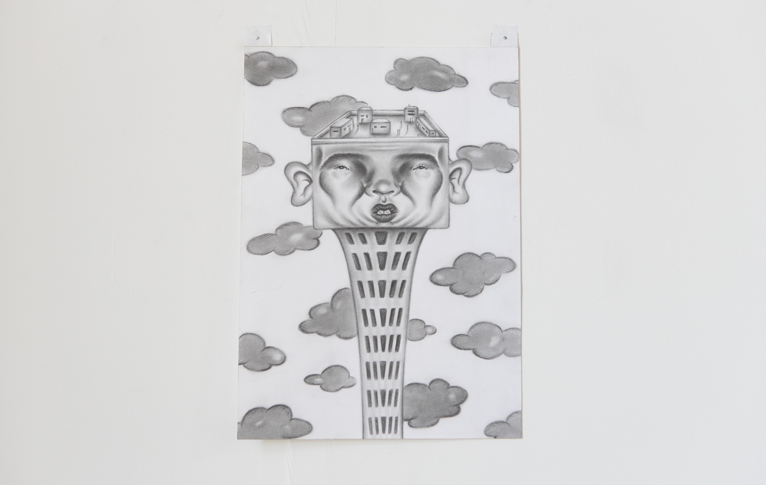 A looming sentient apartment complex, crowded by clouds 