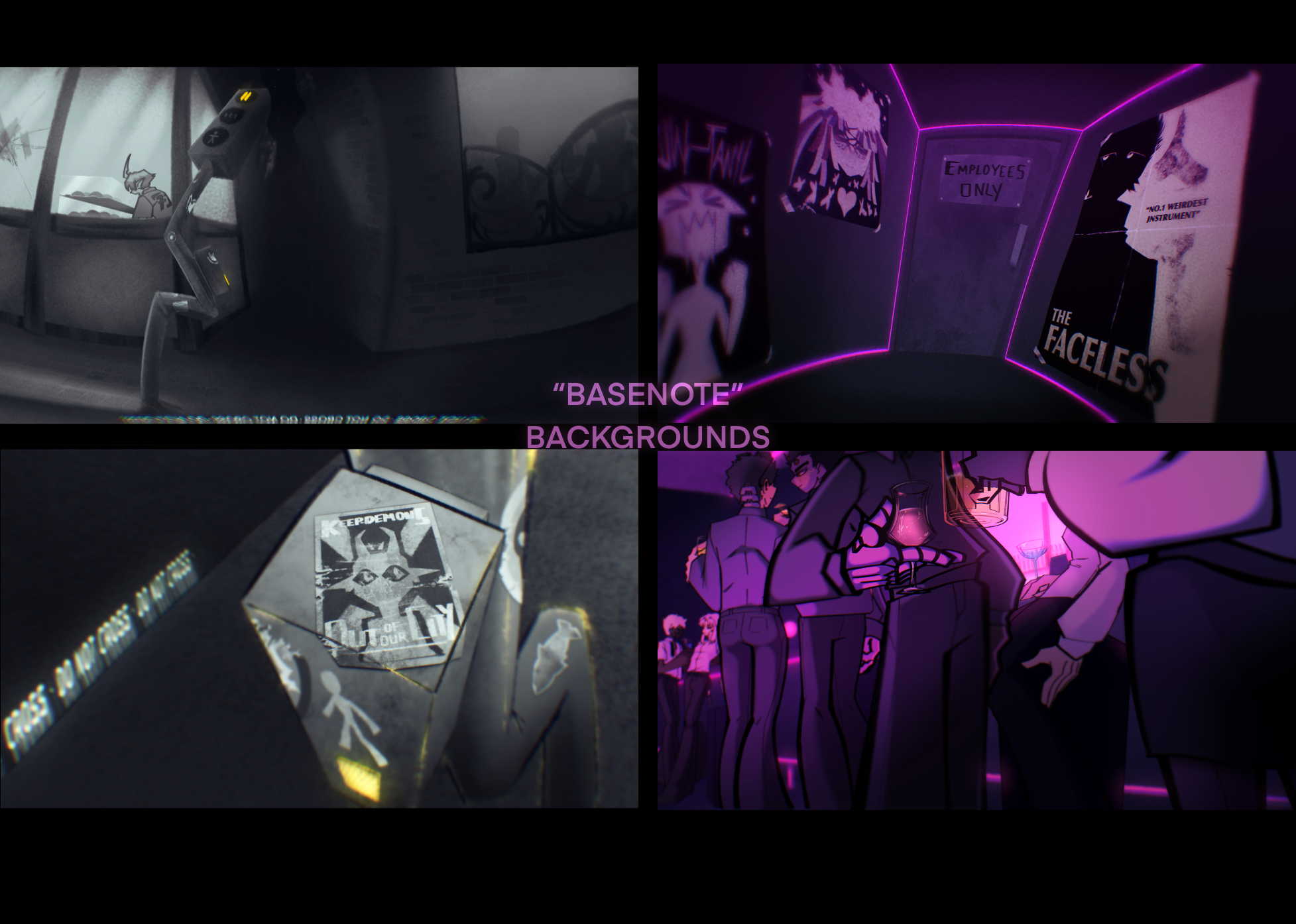 Four images of background work used in BASENOTE. The two left are from the walking segment, and the right two are from within the bar.