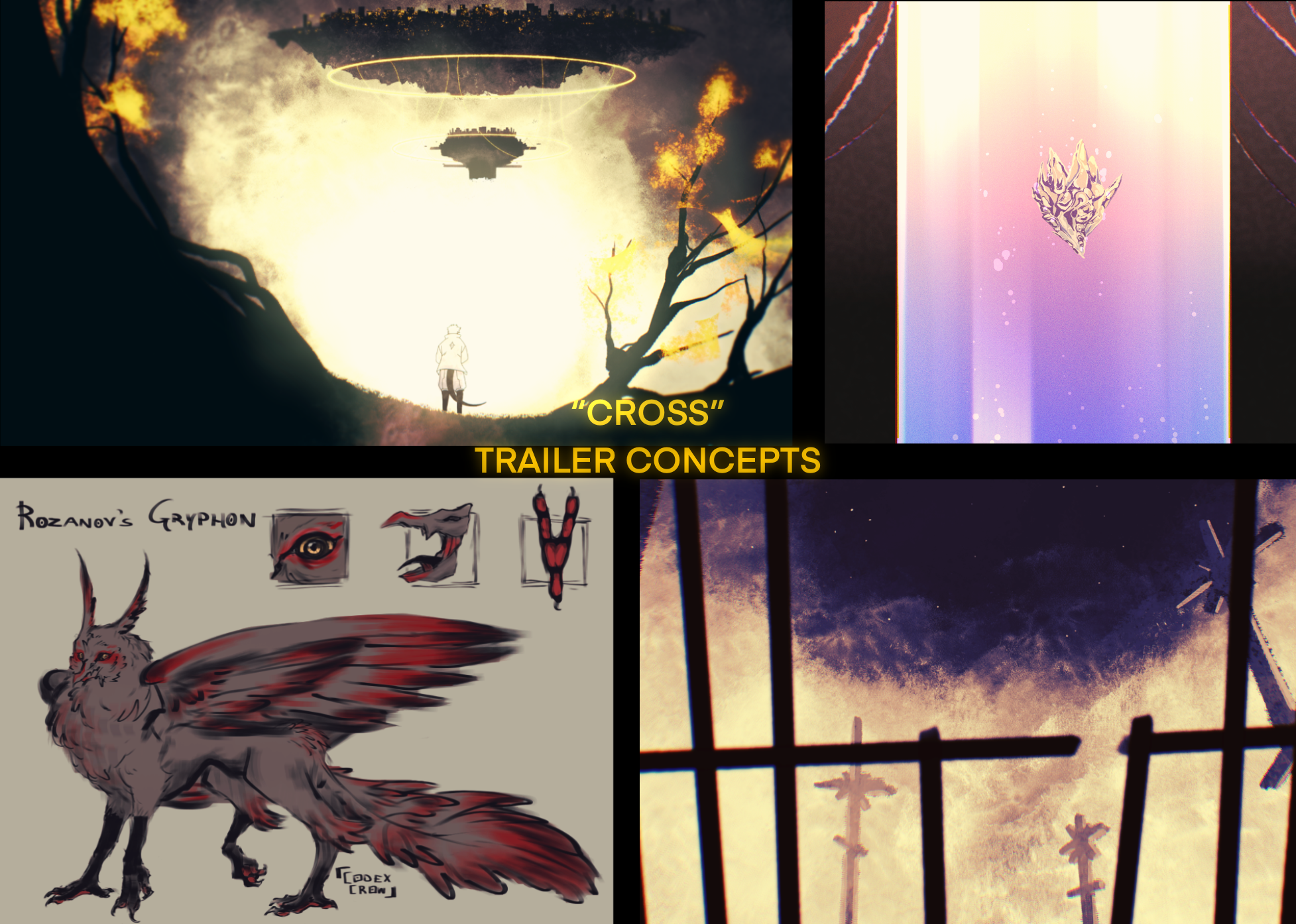 Four images in an asymmetrical grid featuring various concepts for CROSS, a comic trailer.