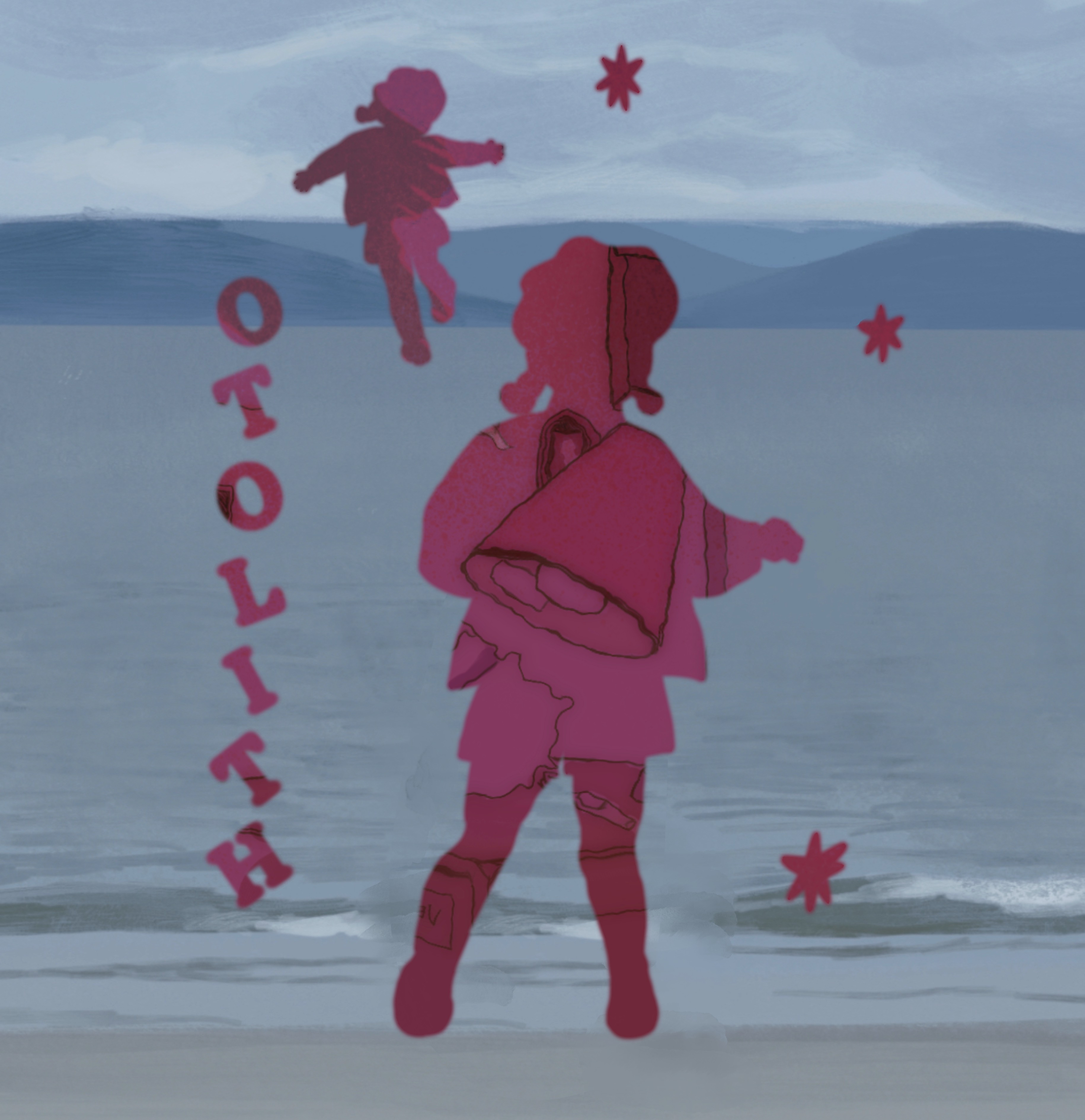 The shoreline with mountains in the distance. An outline of Méabh and the title, Otolith, overlayed on top of the sea.