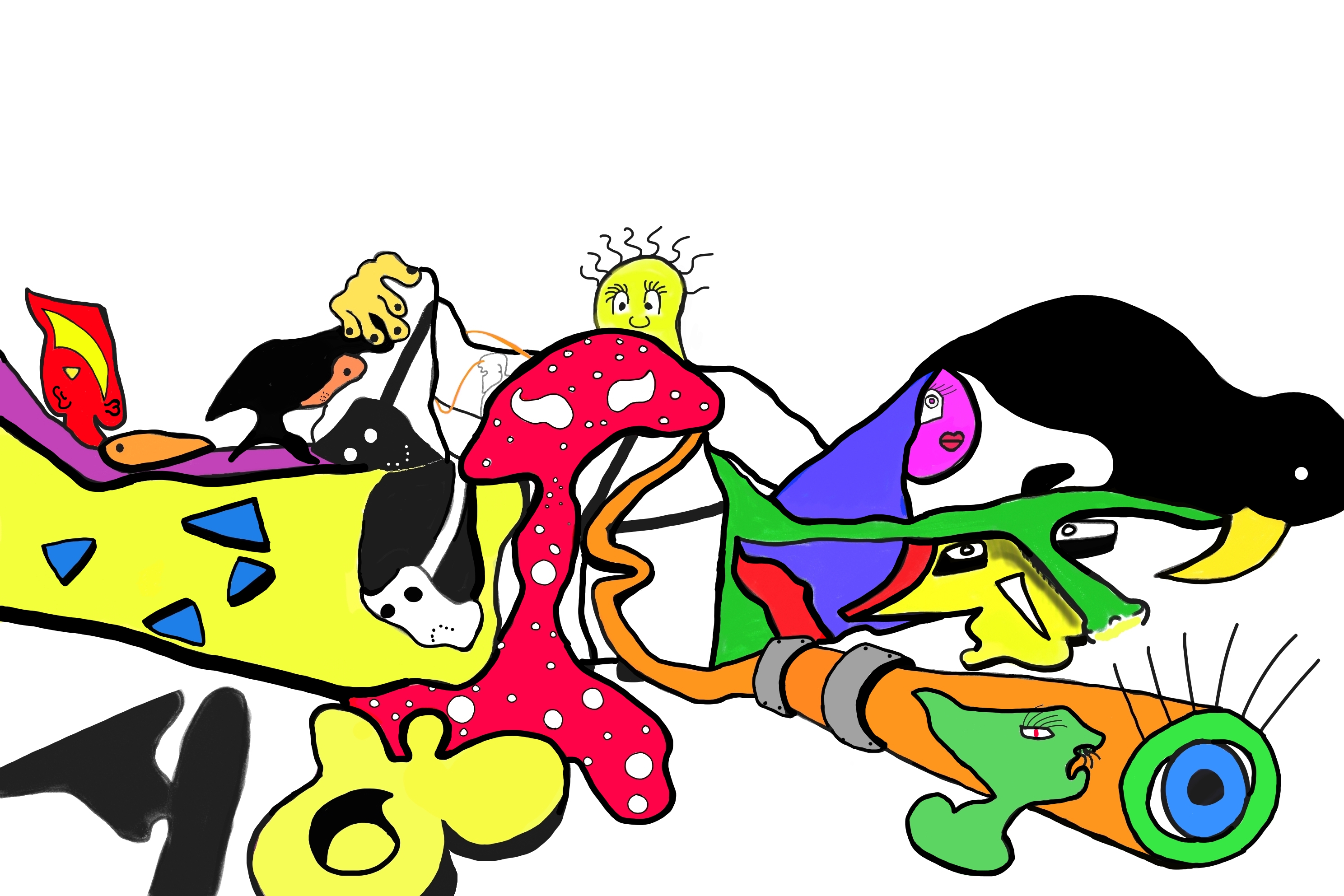 Using abstract figures to represent emotion, family and friends, each figure is unique and shows how each one can affect us in different ways. Some are supportive while others can be underwhelming. We are the red figure with the holes in it. This symbolises the parts of ourselves that we give up or hide to make others happy.