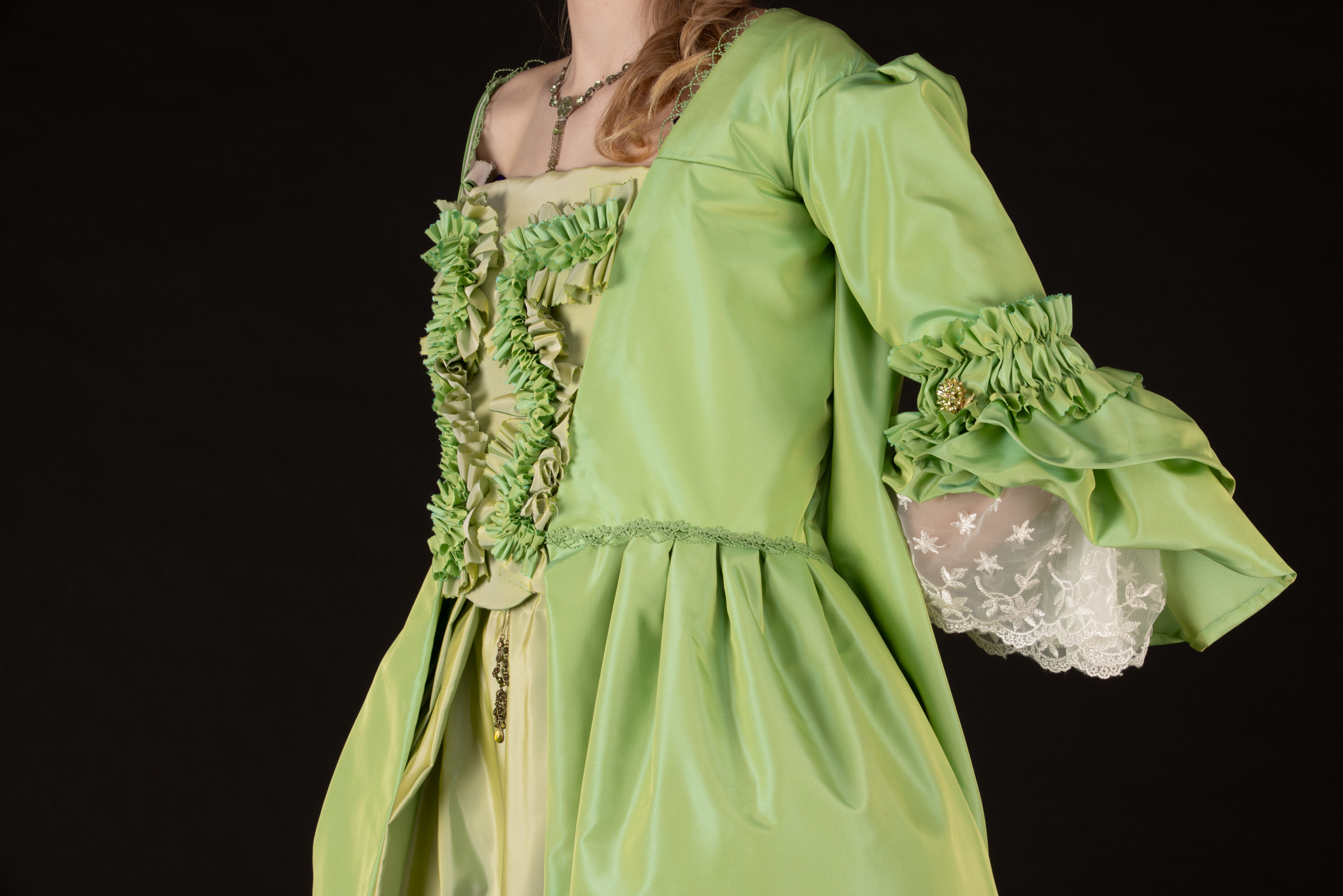 Stomacher detail with ruffles along with sleeve detail of a 1770s Georgian dress