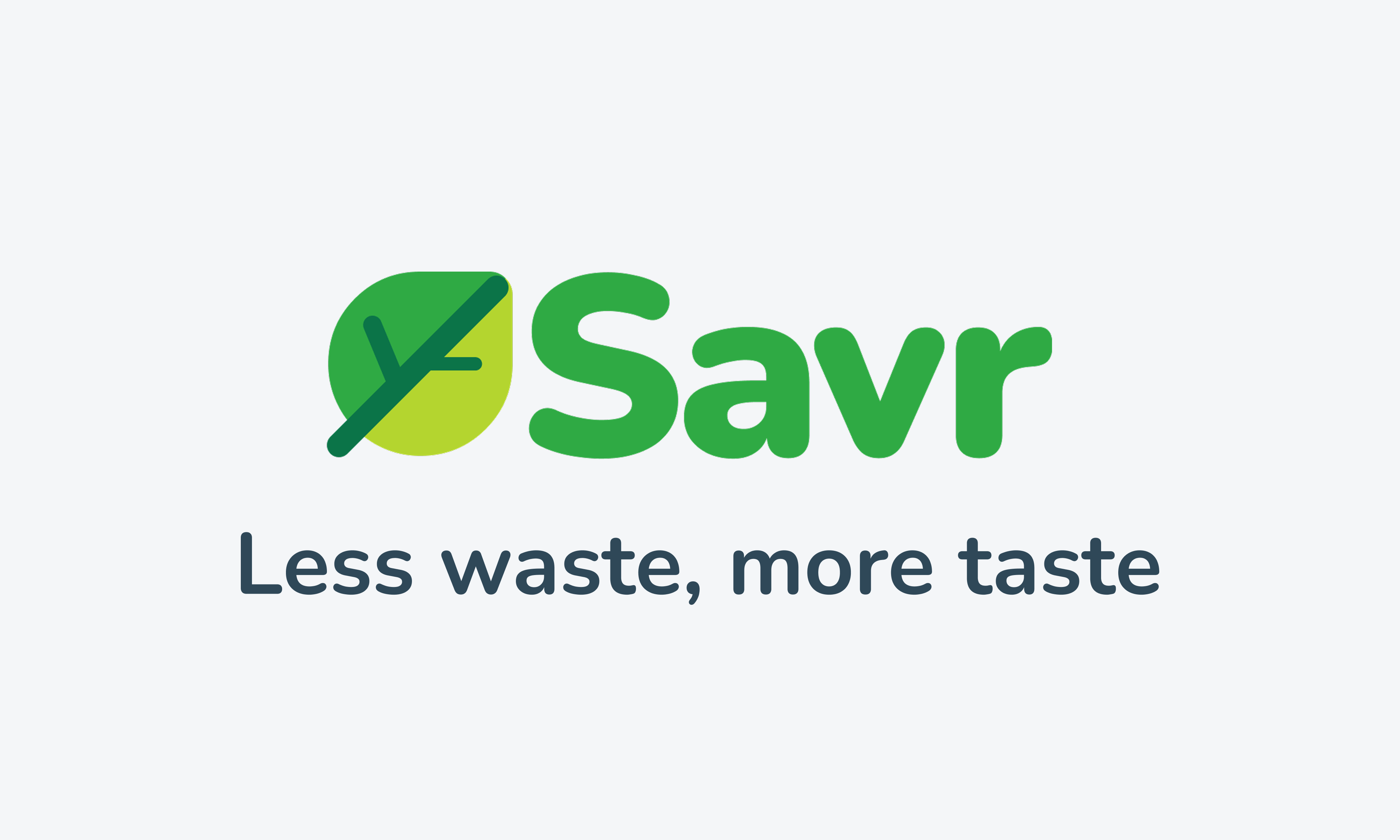 An image of the logo for the app named Savr created for the experiment. The logo consists of an illustration of an edible leaf going from green to yellow symbolizing the transition from fresh to spoiled. The word Savr in green is displayed right next to the leaf and bellow it is the slogan Less waste, more taste in dark blue color.