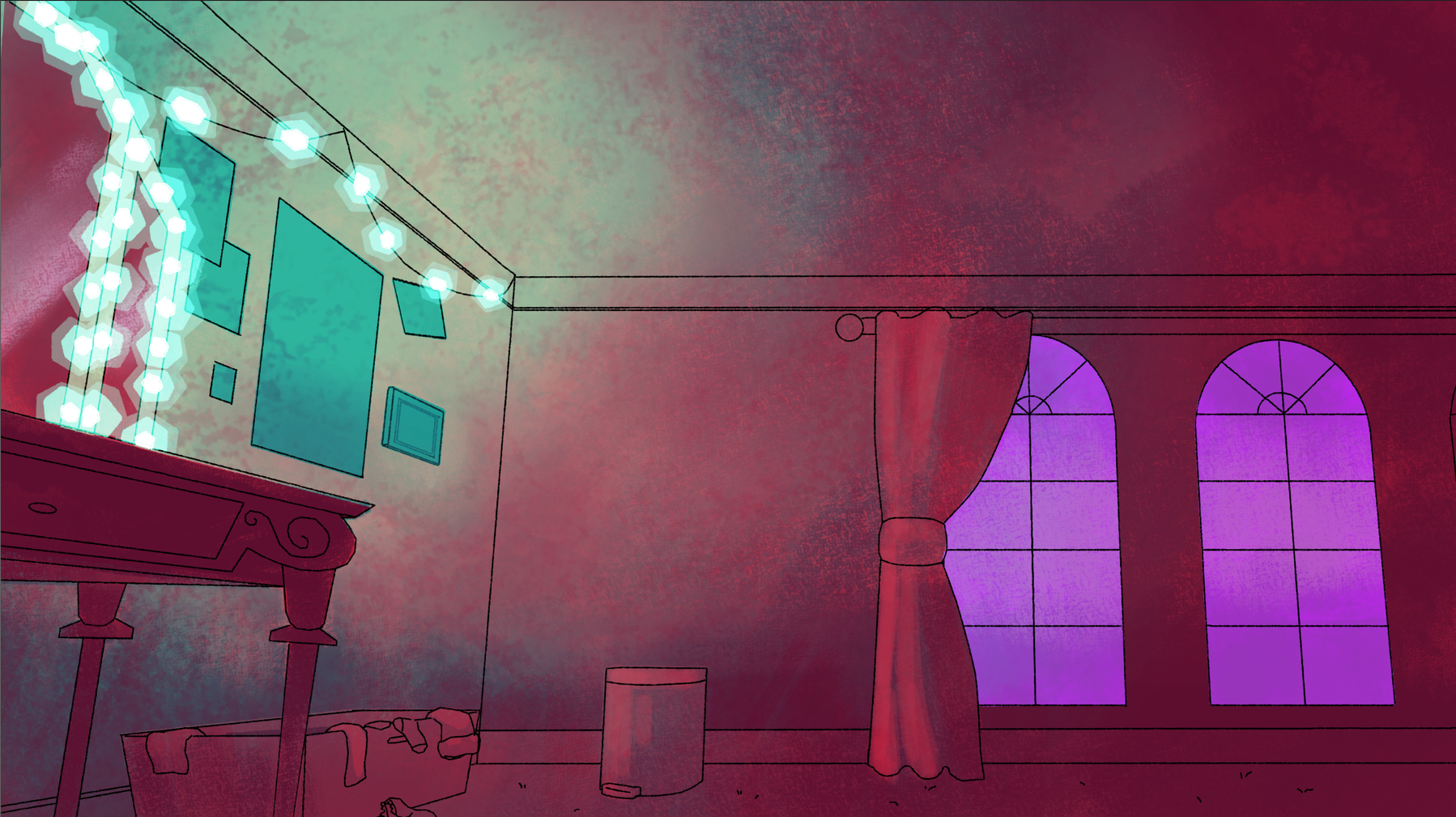 illustrated background of a dark bedroom