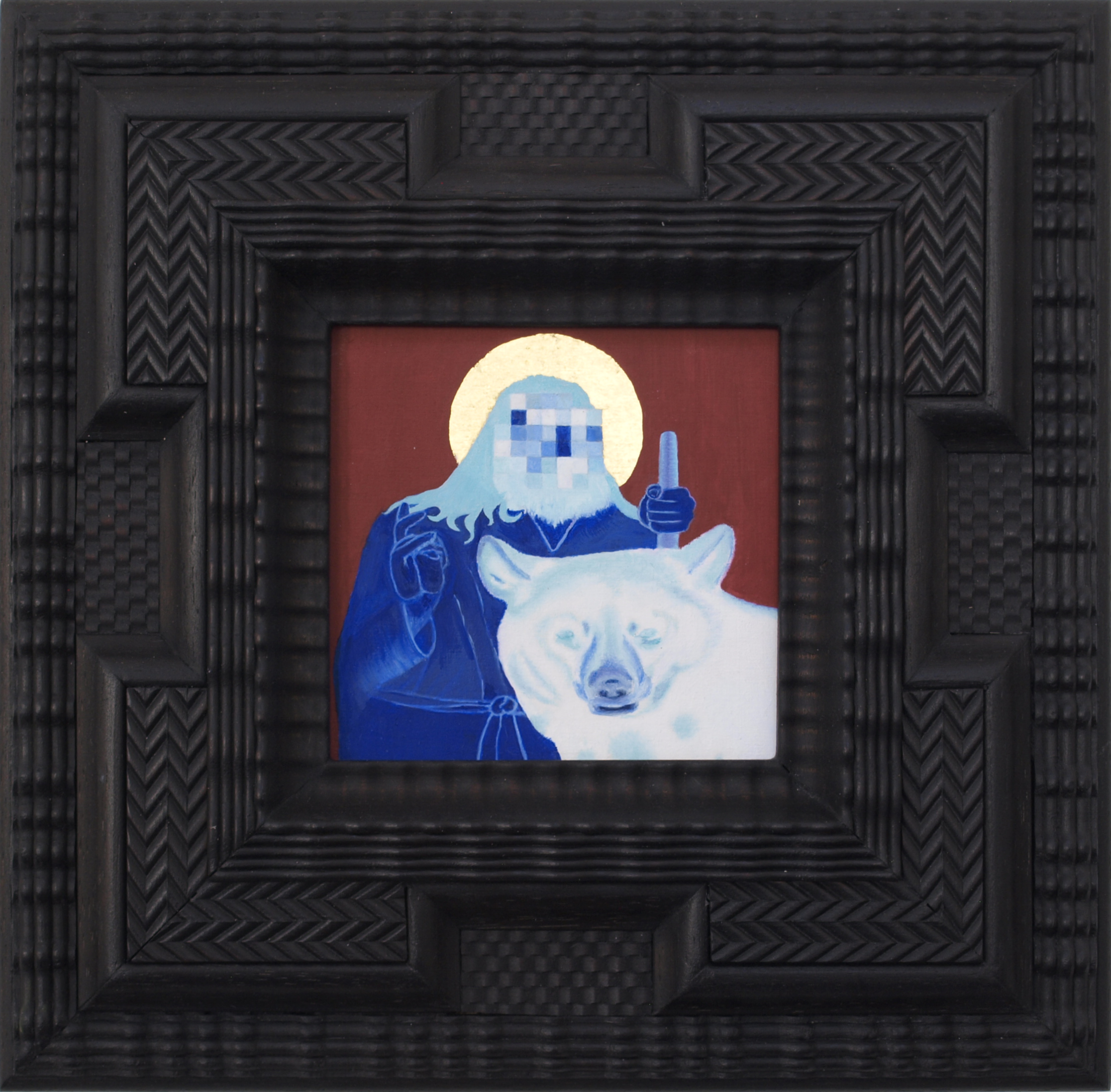 Ann Stillman, (2025), 'St Seraphim and the Bear', oil and 23 karat gold leaf on wood panel, 10cm x 10cm.