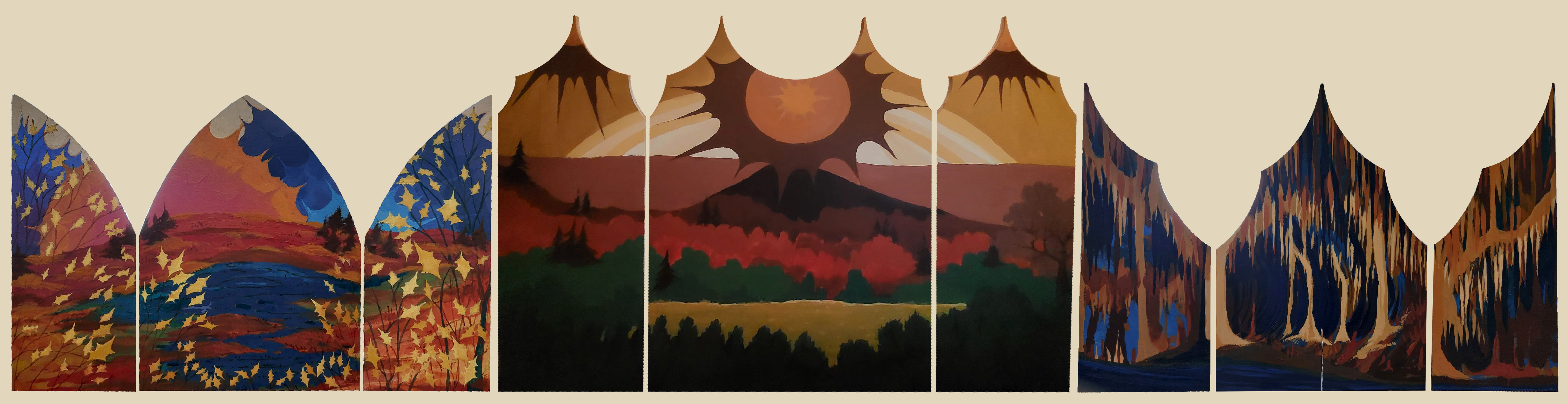 paintings in order, "Golden Marsh", "Hidden Horizon" and "High Stones"