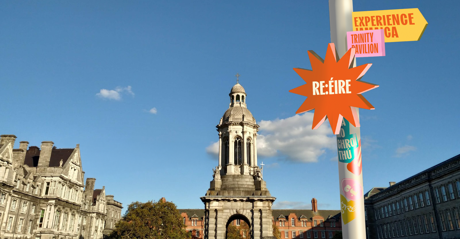 A lamp post in front of Trinity college showcasing where to find events.