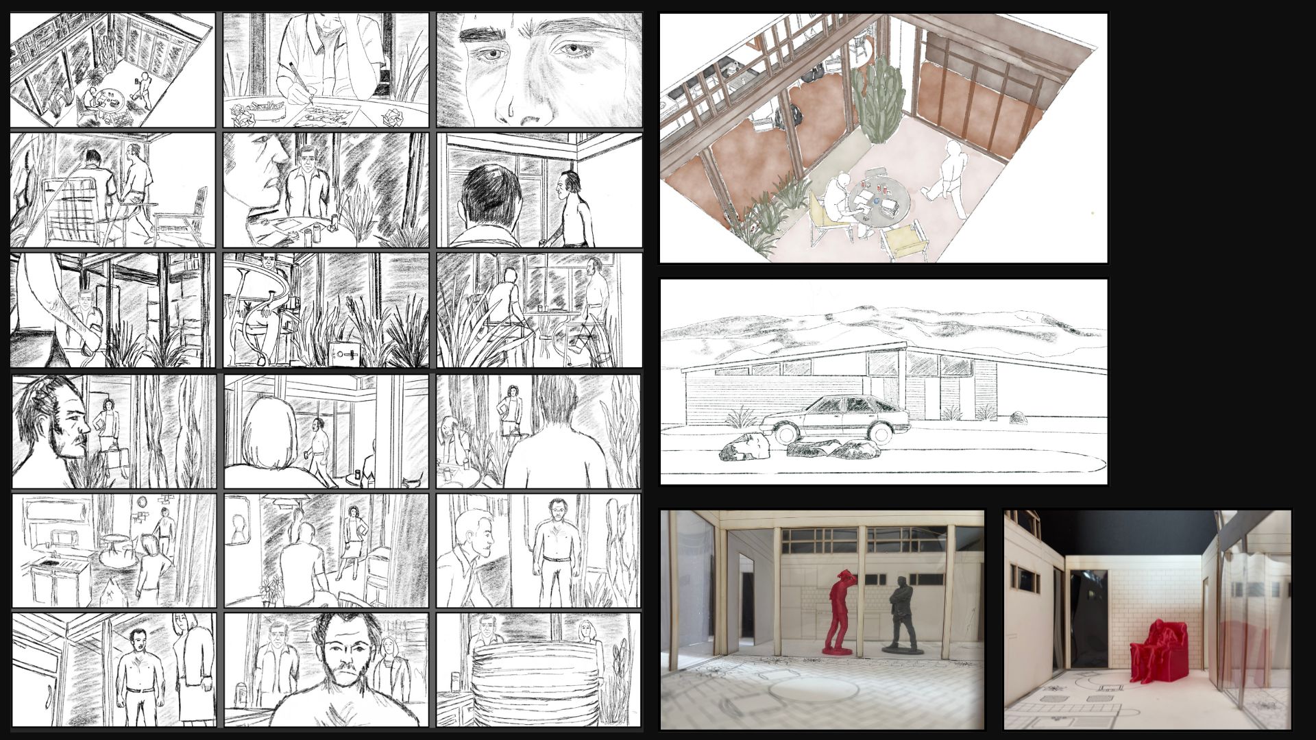 storyboard, concept art and 3d model of true west
