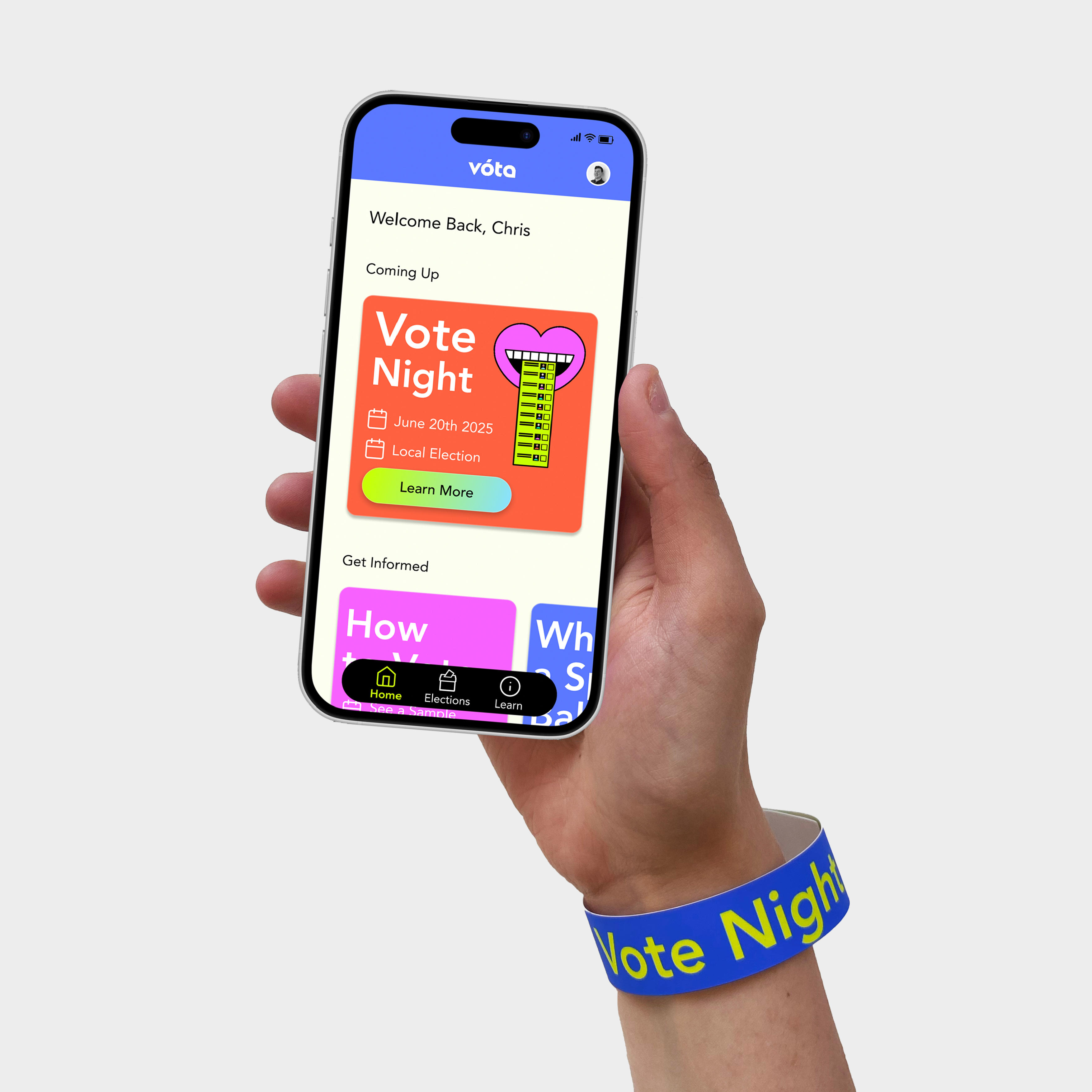Young voter wearing a vote night wristband and using the app