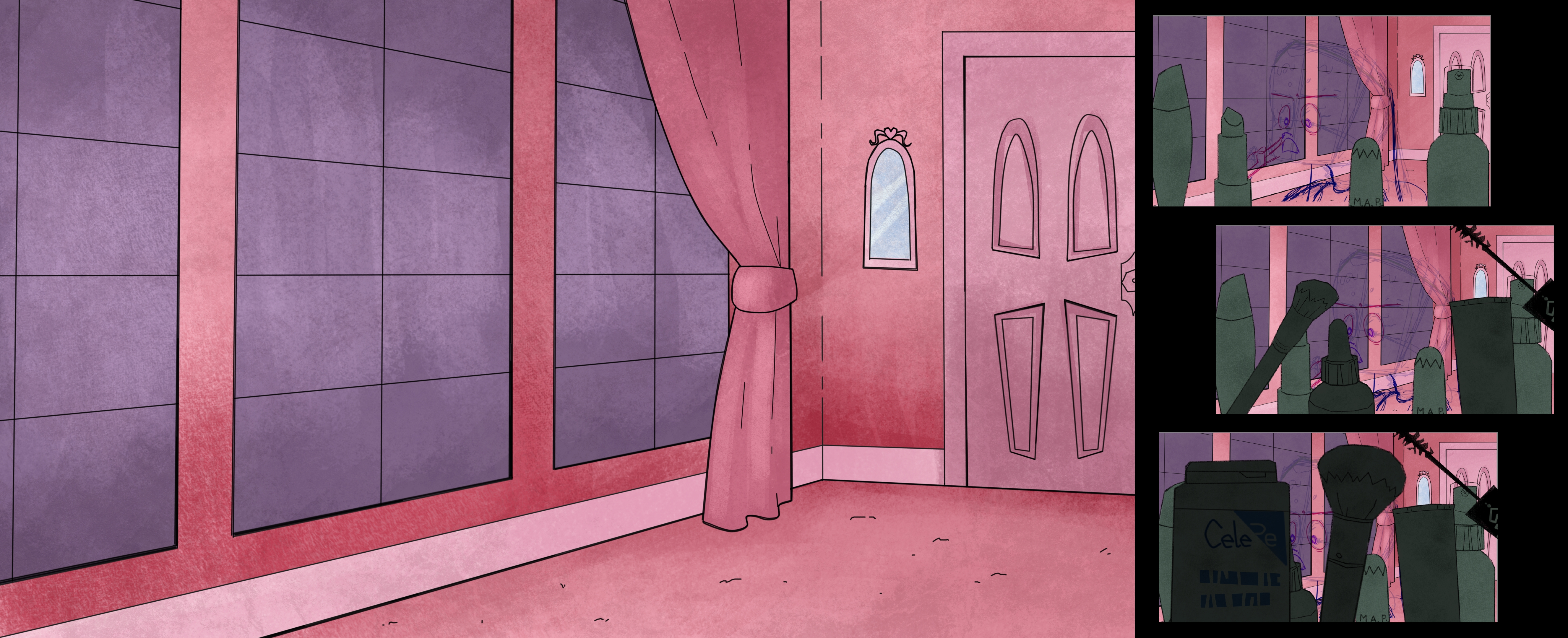 illustrated background of a bedroom (left), illustrated makeup assets (on the right)
