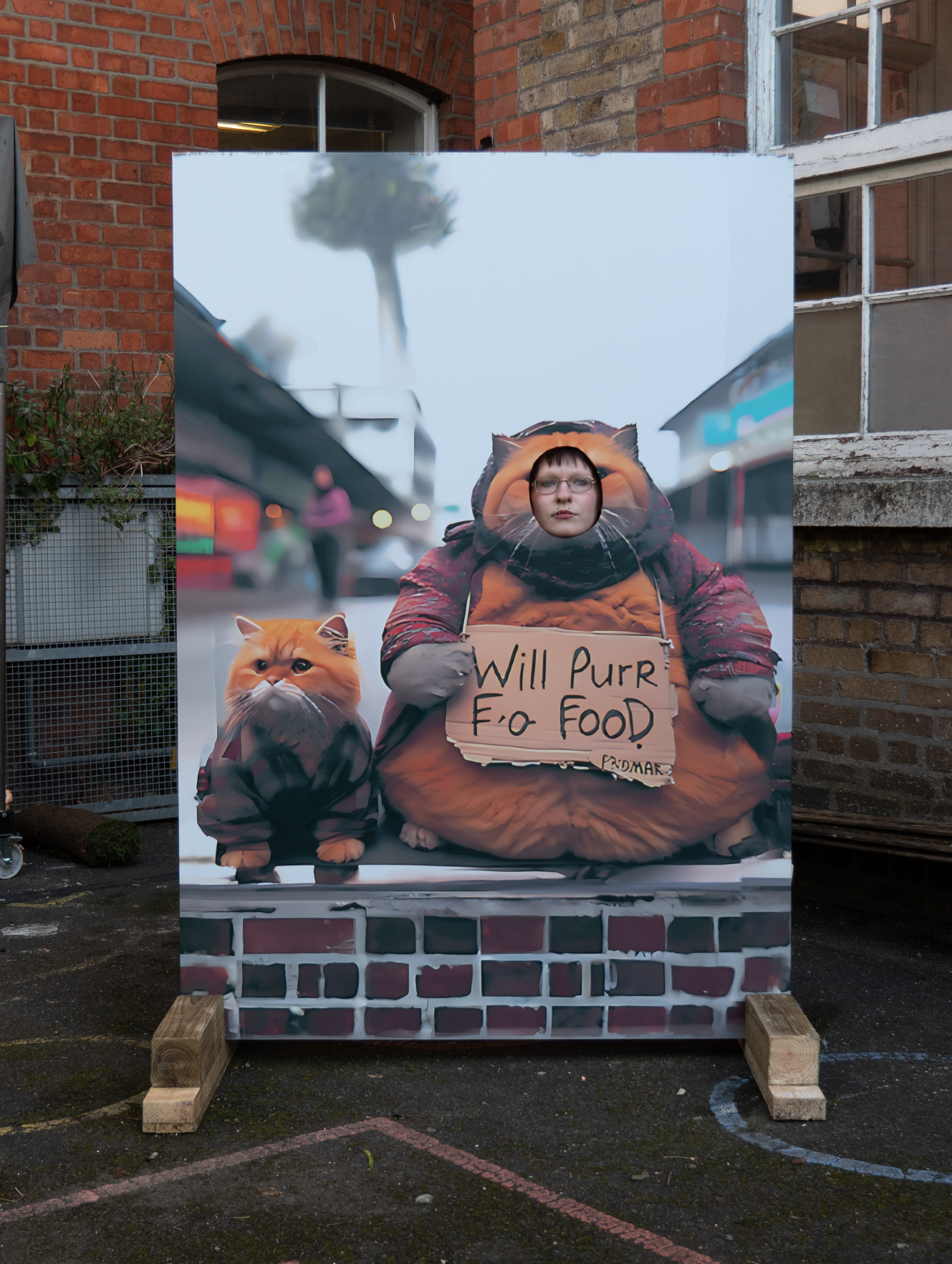 A photo prop with an AI generated image of two anthropomorphic cats holding a cardboard sign that appears to read "Will Purr Fo FooD." A hole is cut out of one of the cat's faces and a person's face is seen through the hole.