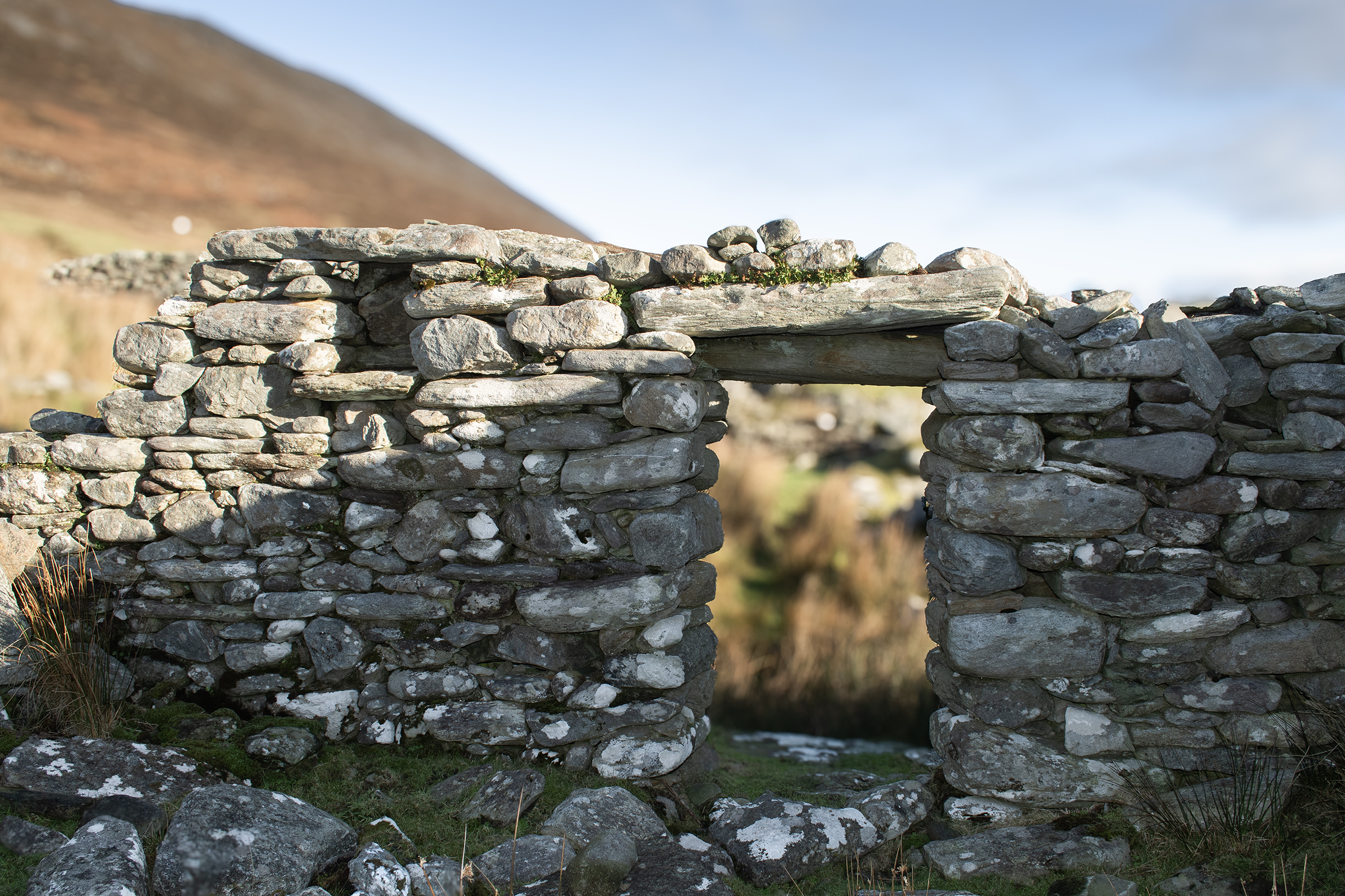 A photo that shows an opening for a door in a stone cottage with a small opening for a window. It is abandoned with grass and weeds growing inside