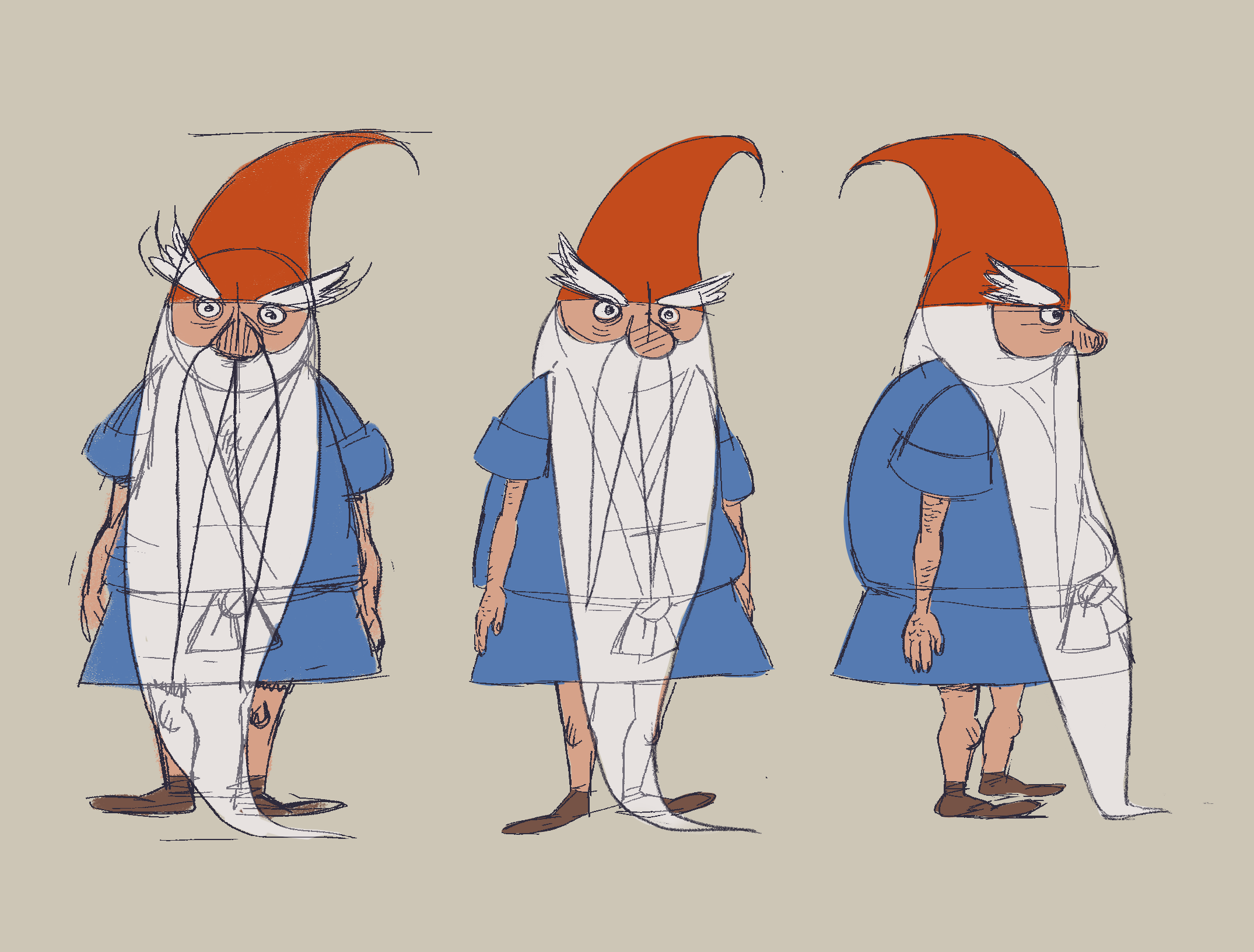 A digital drawing of a gnome with a long beard on a beige canvas.