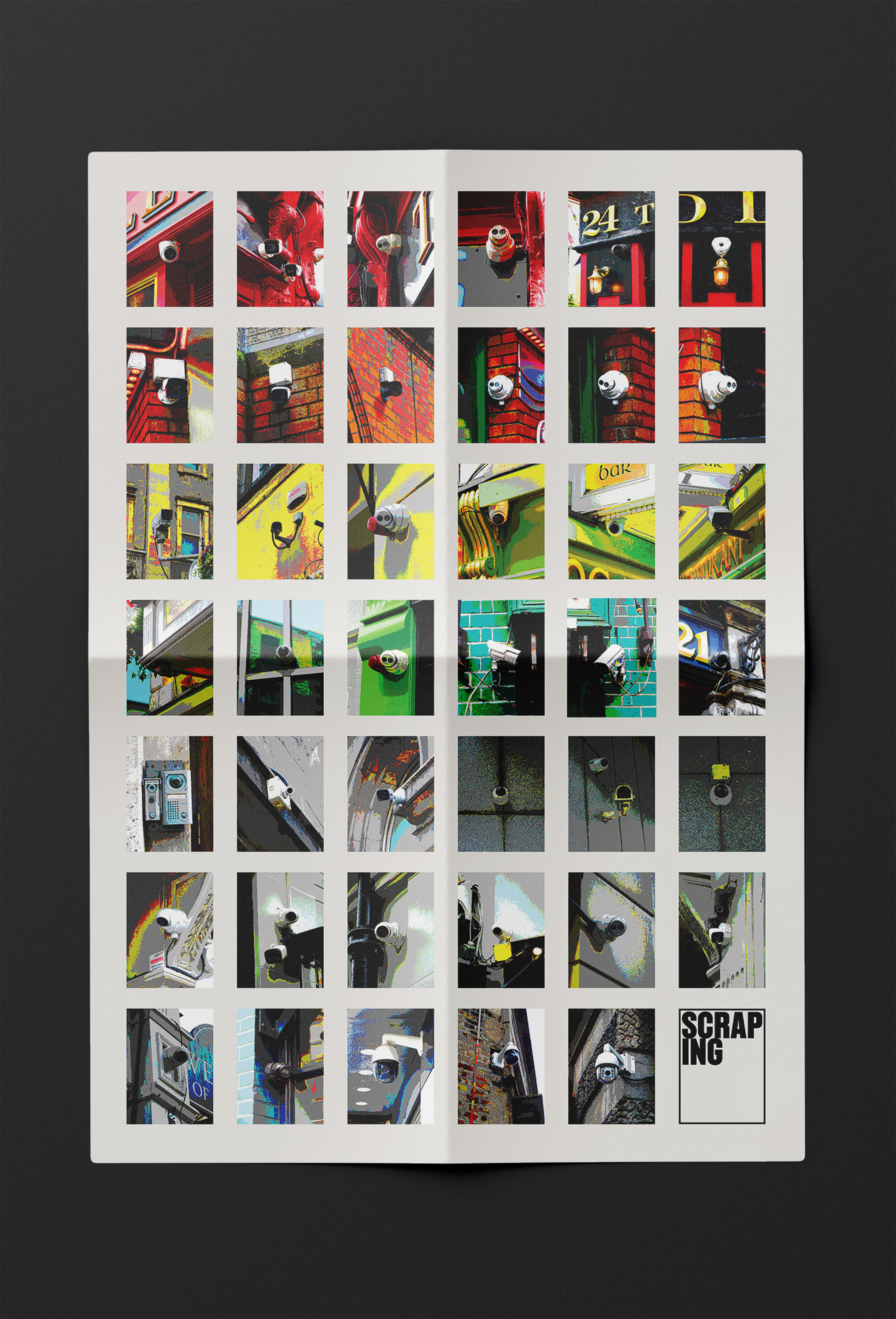 white poster with grid of 45 photos of cctv cameras arranged in order of colour