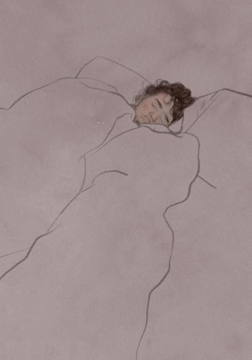 A painting of a man sleeping in bed smothered by duvets.