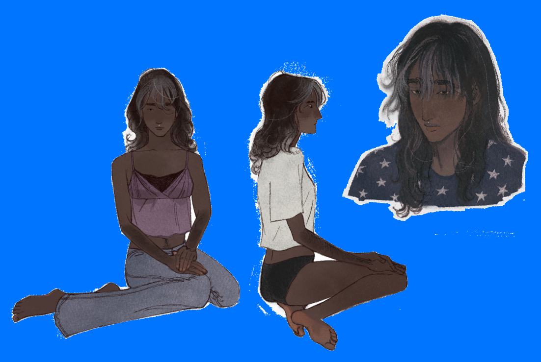 Three drawings of the same character: two are sitting down, one is a headshot. A young girl with dark skin and greying hair.