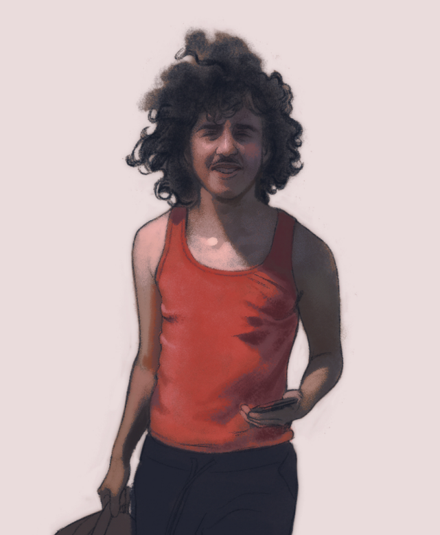 A painting of a man wearing a red tank top.