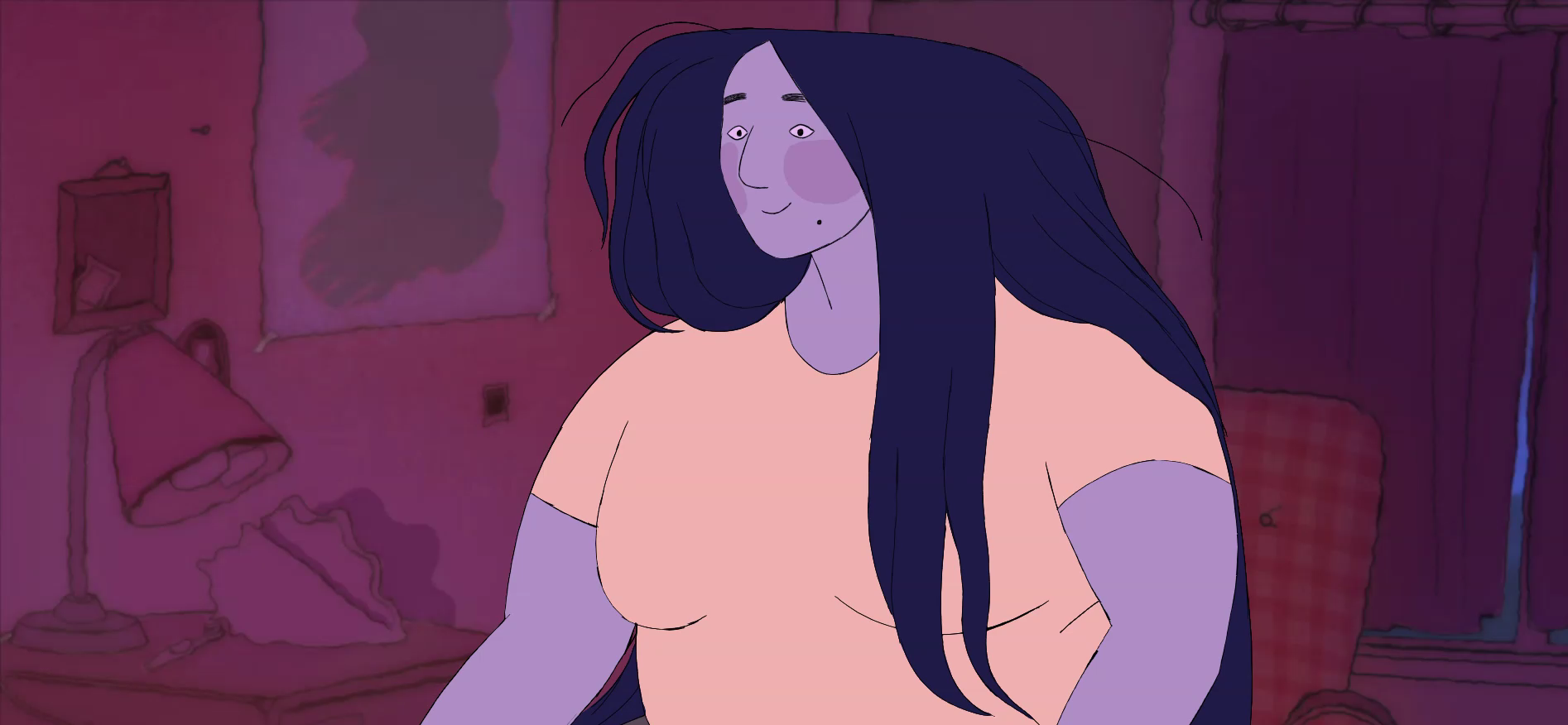 Mia looking at her daughter from the chair.