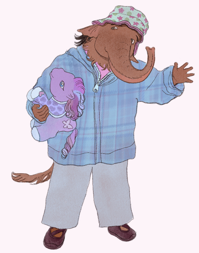 An anthropomorphic woolly mammoth waving at the camera.