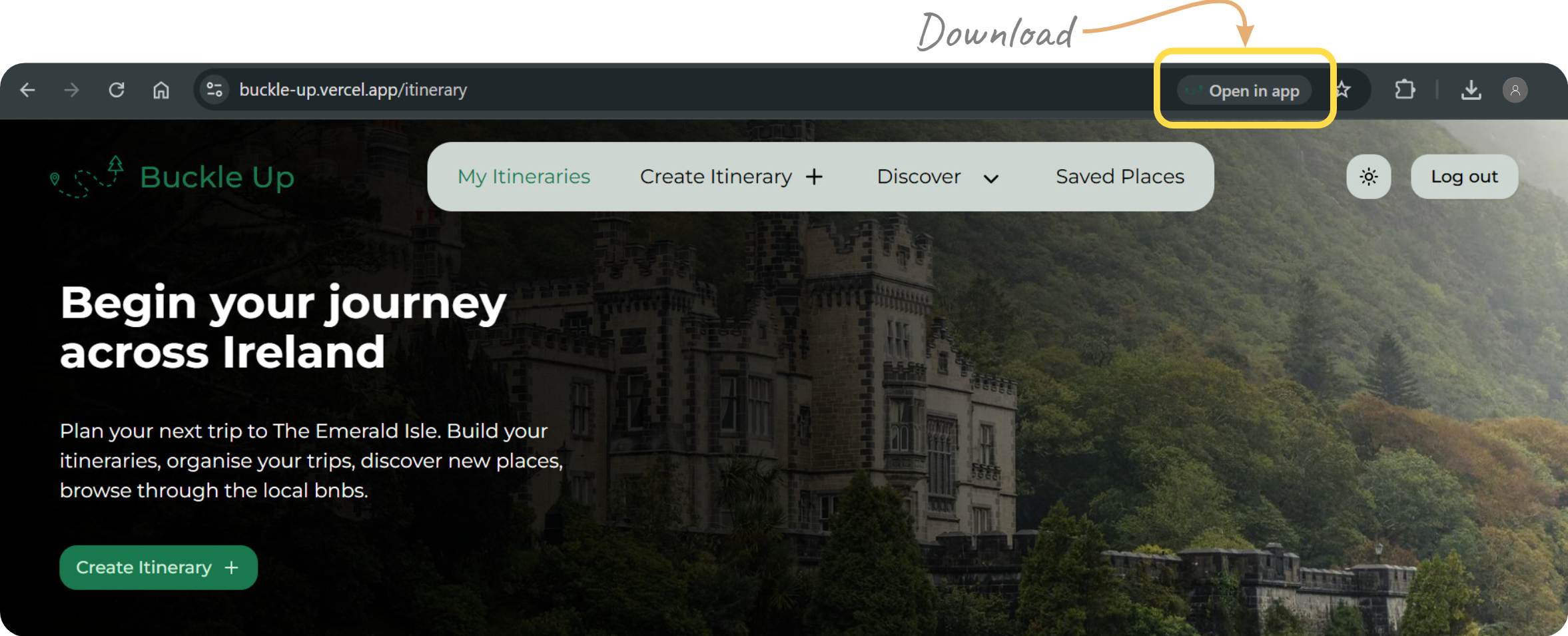 Screenshot of landing page with a hero. Showing that the application can be downloaded