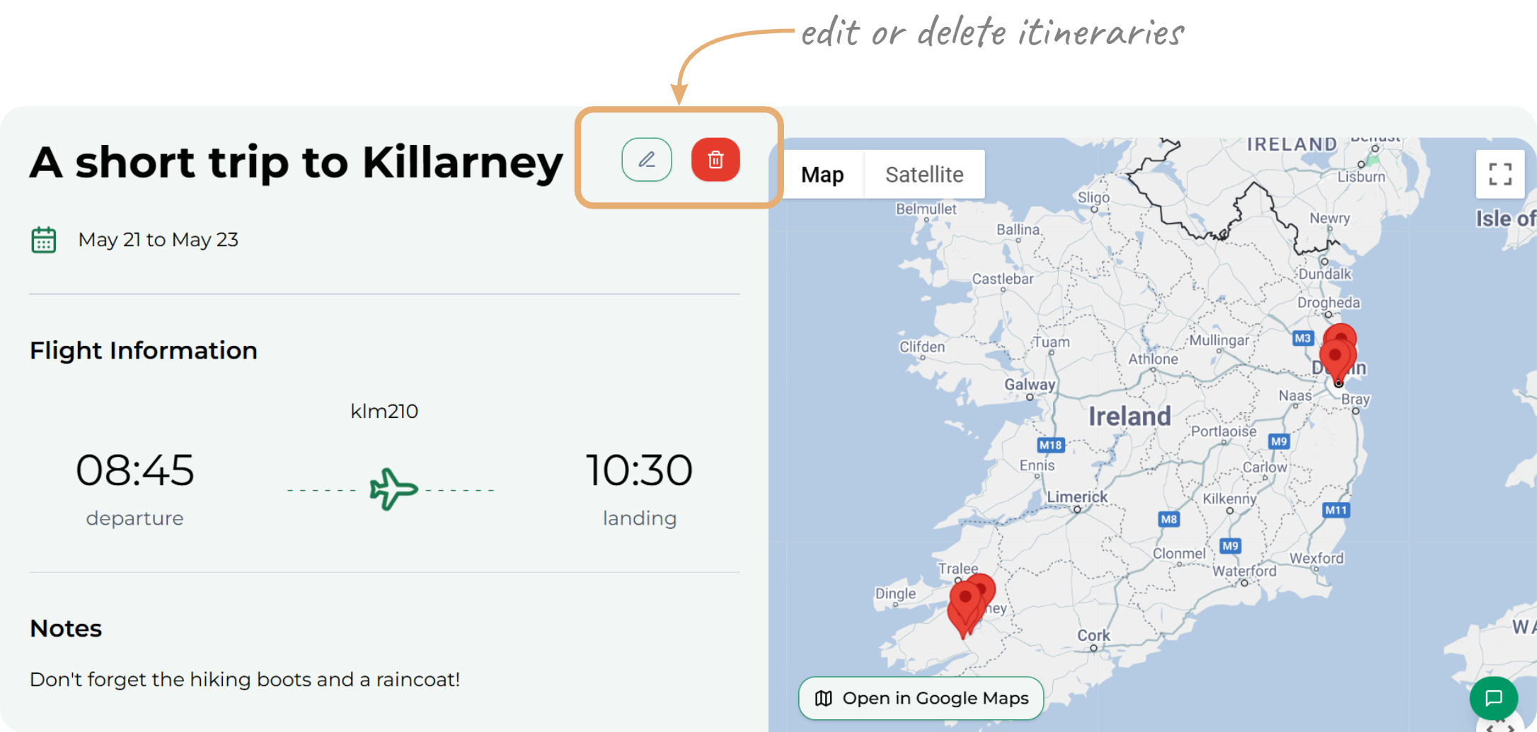 Screenshot showing the view page for an itienrary. Specifically pointing at the edit and delete button for the itinerary.