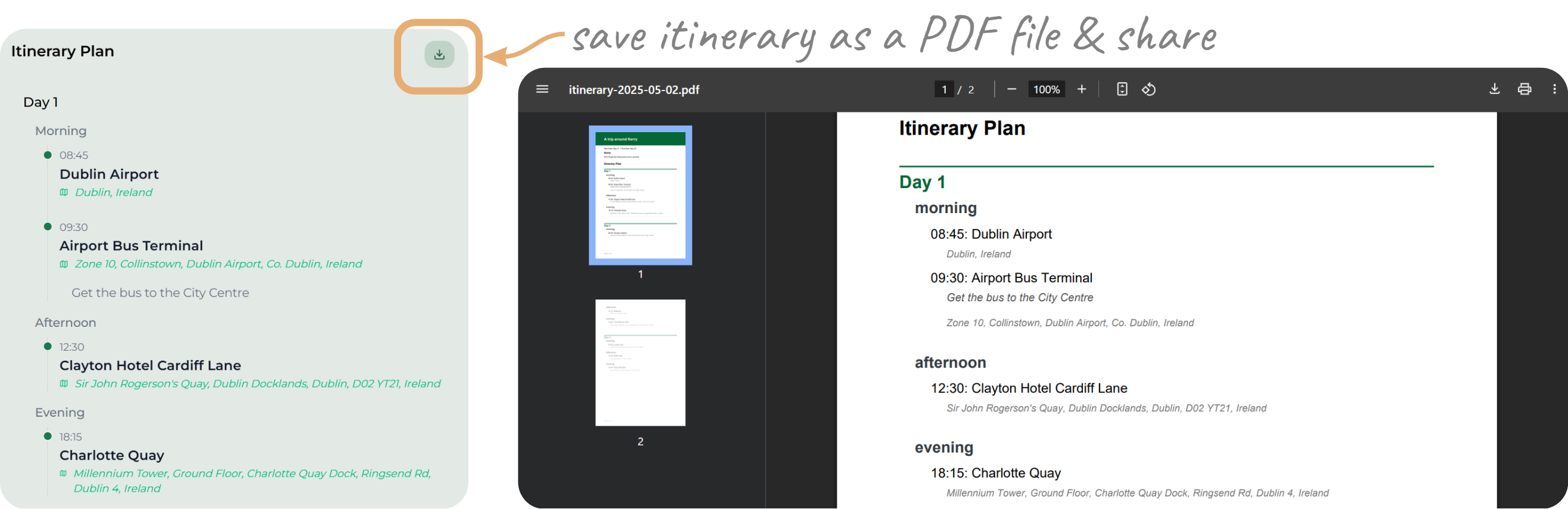 Screenshot displaying that the itinerary can be downloaded as a PDF file