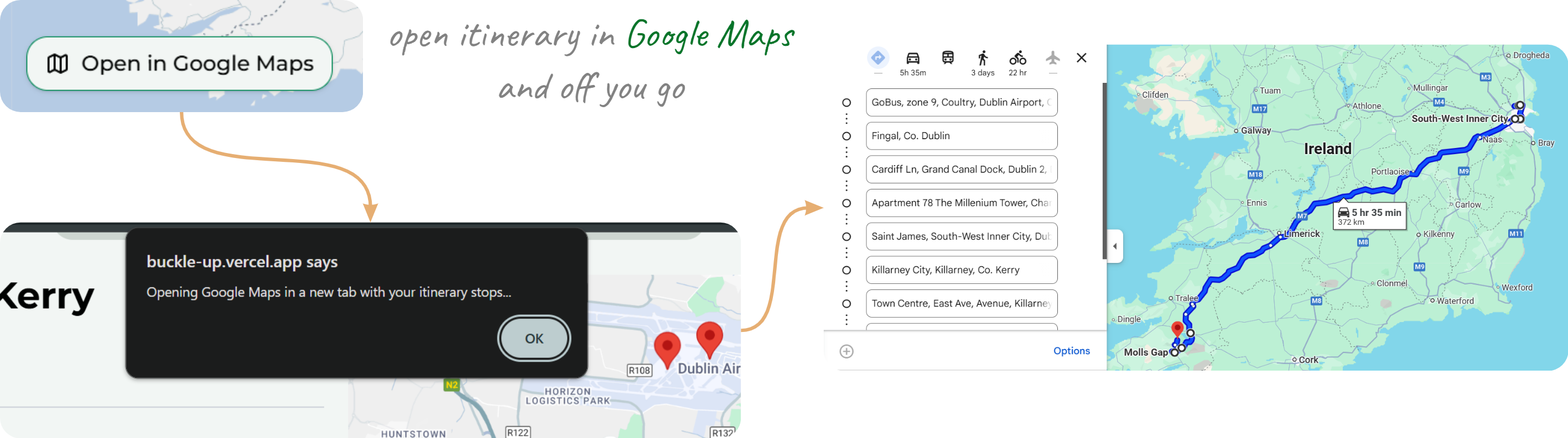 Image displaying the open in Google Maps button, which opens the stops in Google Maps for navigation